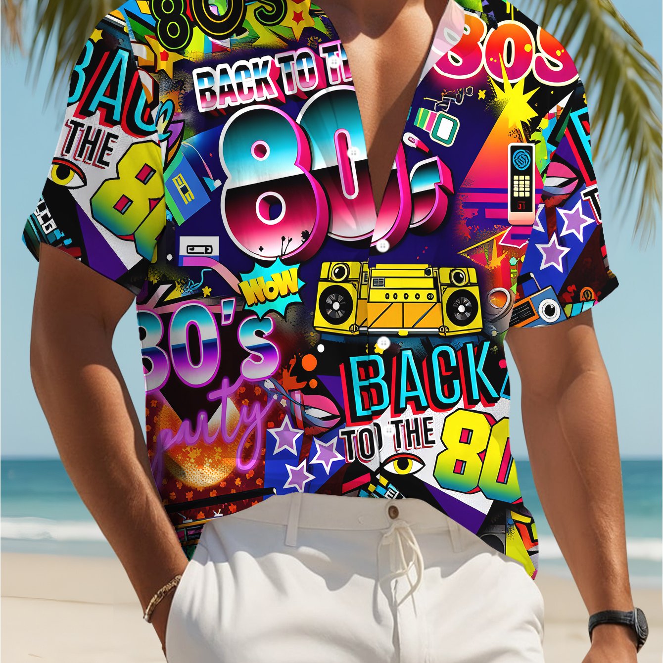 TEMU [printed Design â Not Textured]colorful Retro 80s Theme Men's Casual Shirt, 80s Parties With Summer Vibrant Graffiti And , A Fashionable Perfec