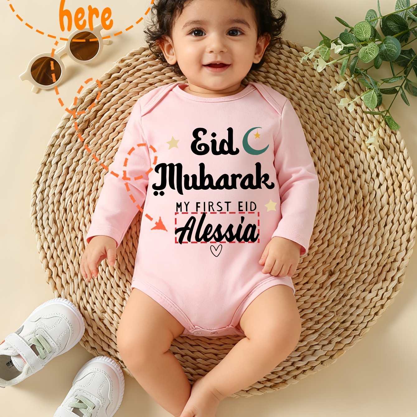 TEMU Autumn/winter Long-sleeve Triangle Romper For Girls And Boys With "moon" Print Pattern, Custom Logo, Ramadan Newborn Clothing, Baby's