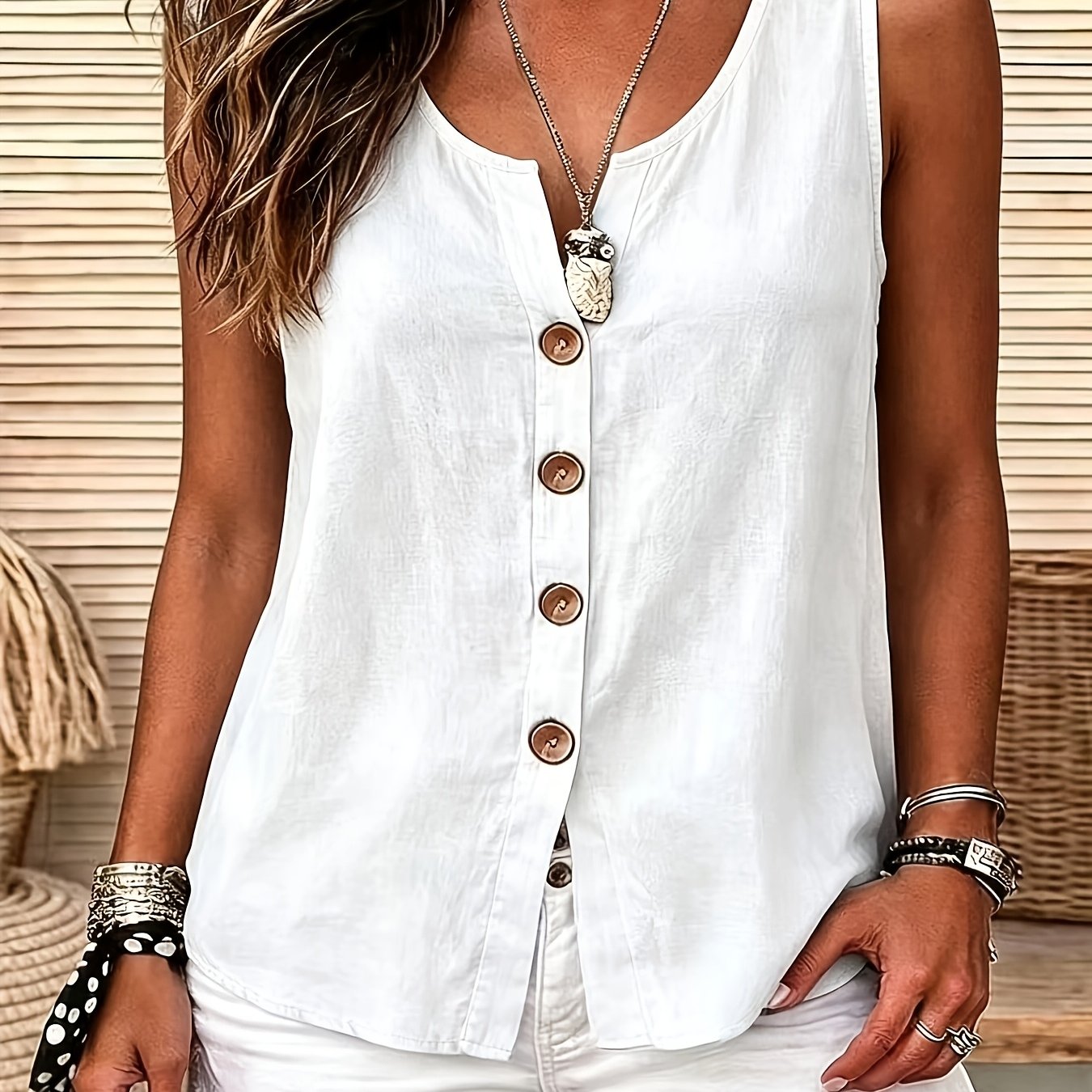 TEMU Women's Casual Sleeveless Top, V-neck Button-up Vest Style, Solid Color Loose Fit Blouse, Suitable For Beach Casual And Daily Wear
