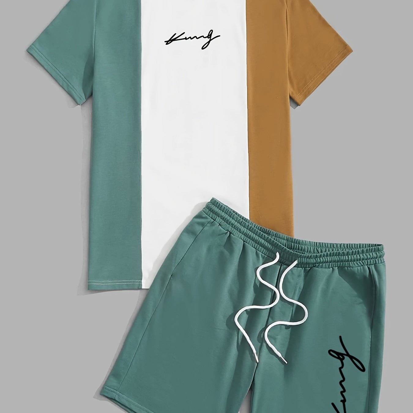 Image of 2024 Men's New Casual Minimalist Regular And Pants Set, Round Neck Short Sleeve T-shirt And Drawstring Shorts, Striped Pattern T-shirt Cuffs And Shorts Bottoms, For Summer Outdoor Activities