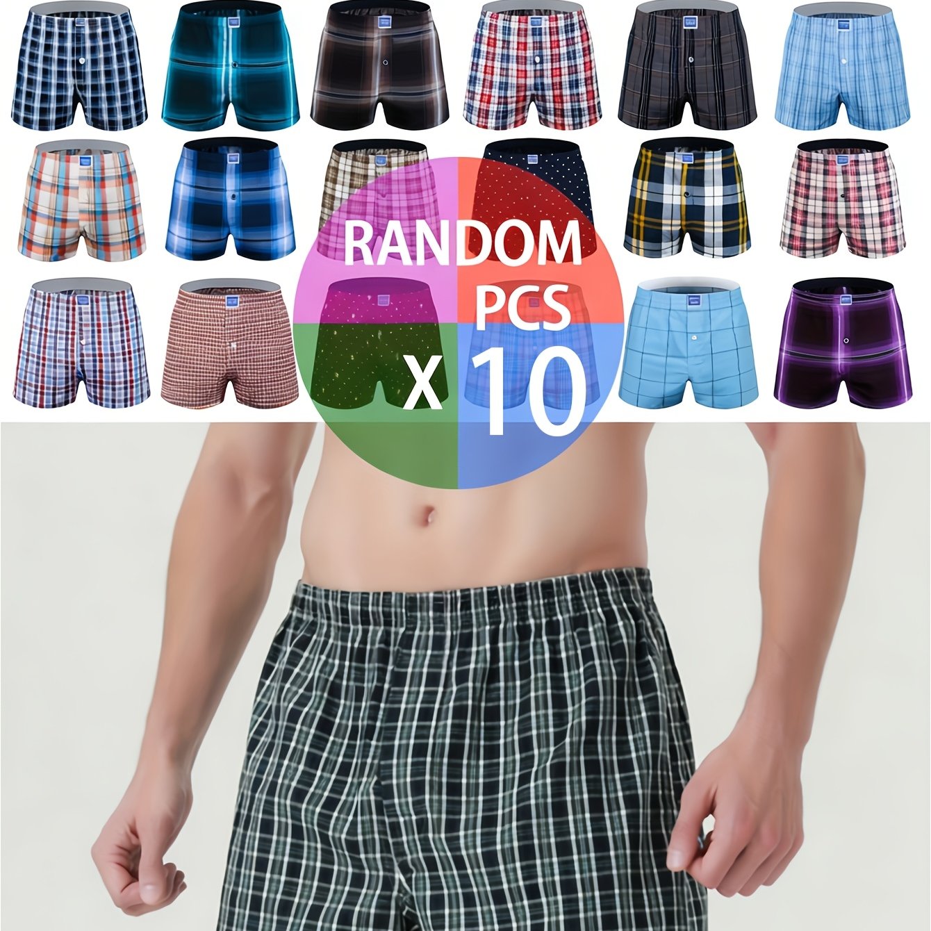 TEMU 10pcs, Style Random Delivery, Men's Long Flat-angle Underwear Made Of Shuttle-woven Material, Comfortable, Breathable, And Soft Men's Long
