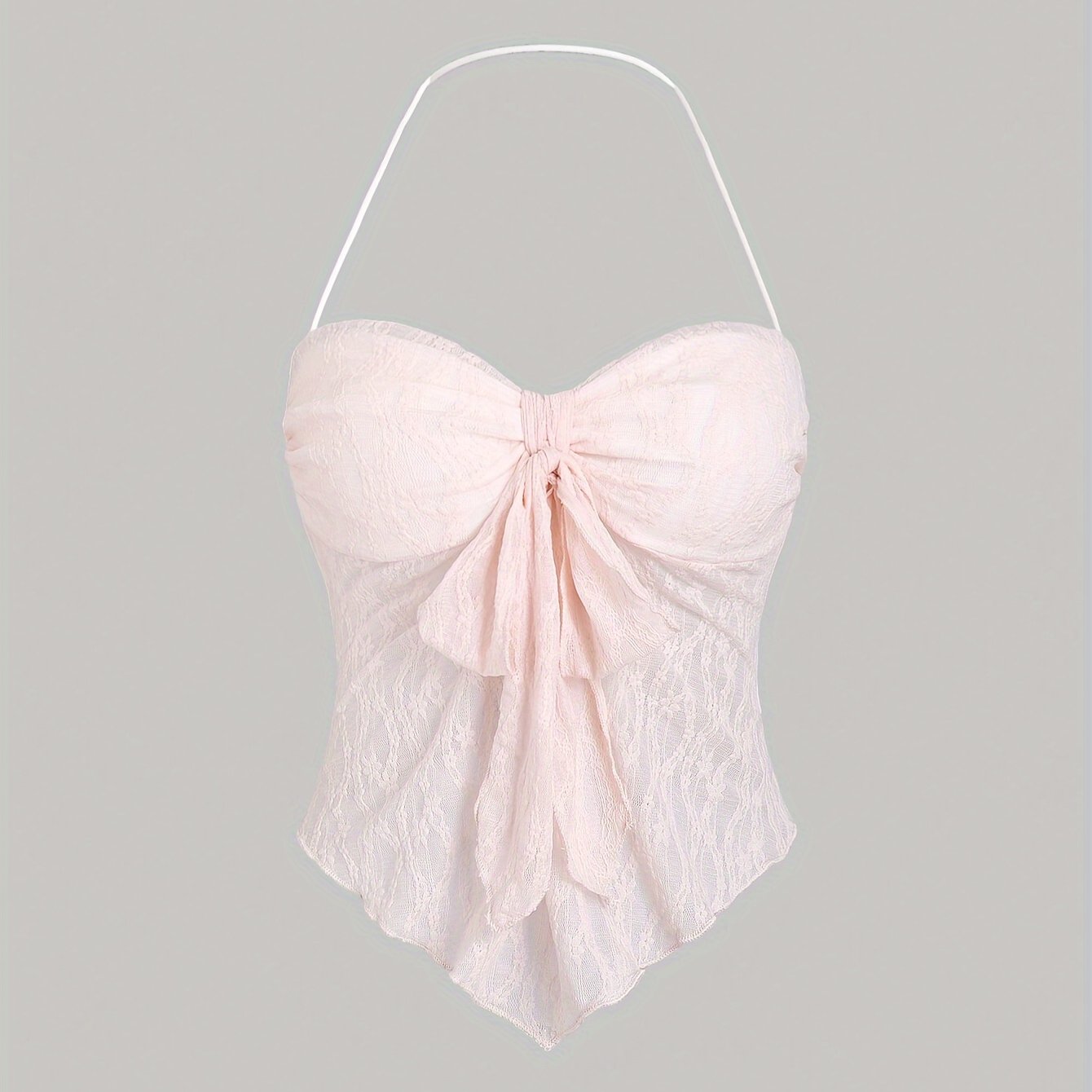 Women' Color Lace Top With Lining And Front Center Bow Decoration, Halter Neck