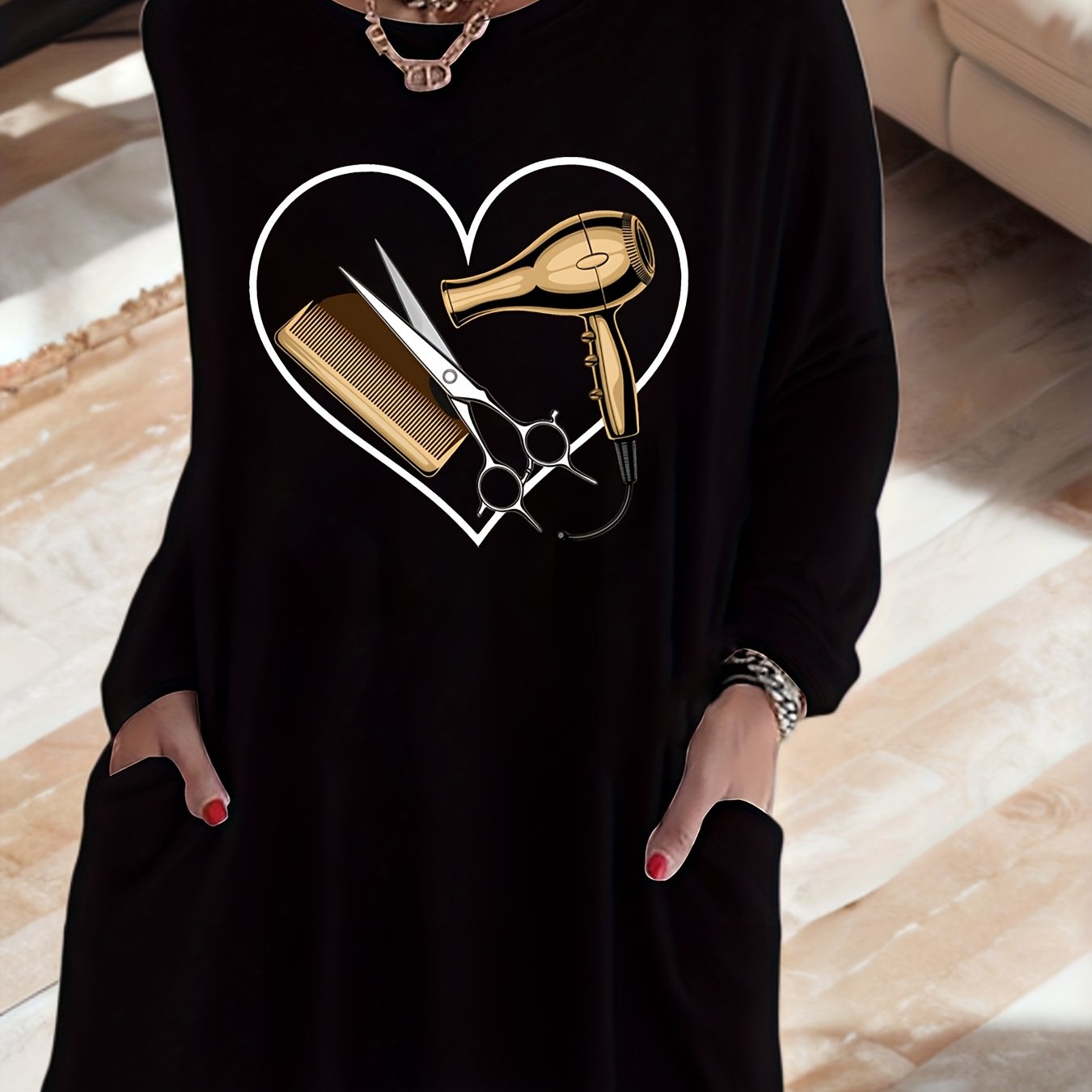 TEMU A Stylish Long-sleeve T-shirt With A Heart-shaped Neckline And Pockets, Perfect For Casual Wear And Machine Washable, Making It A Great Gift For