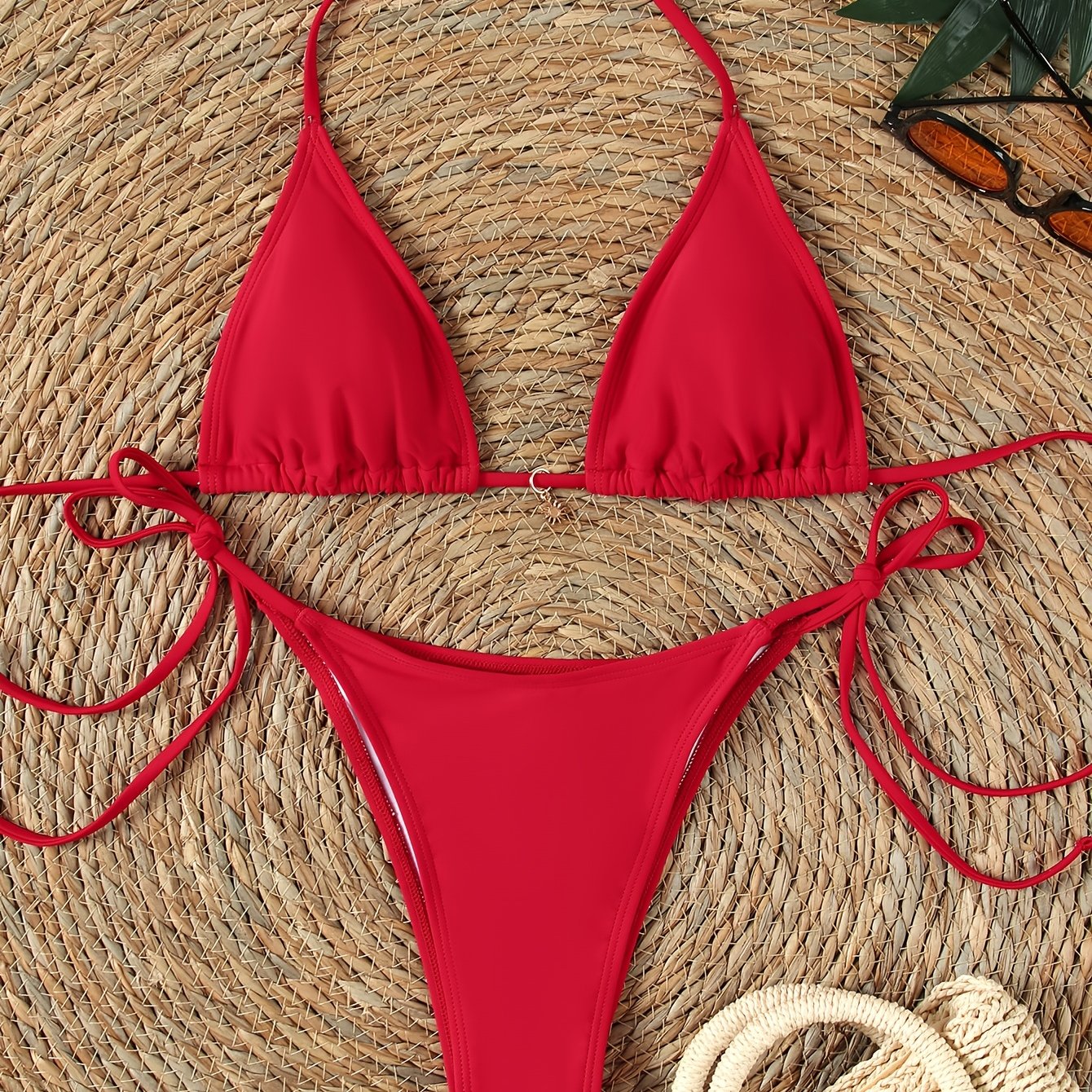 Solid Color Two-piece Swimsuit With Triangle Bikini Ties In A Western Style.