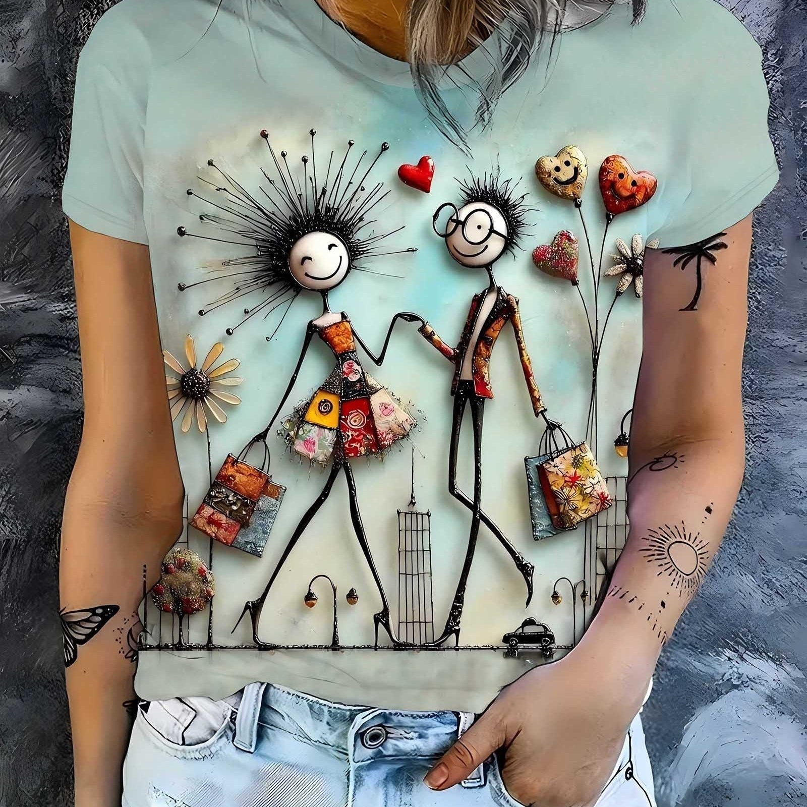 Image of Romantic And Style! Creative Printed T-shirts For Couples Shopping, Fashionable Tops For Women, Round Neck T-shirts For Women, Comfortable And Elegant Summer Tops For Women