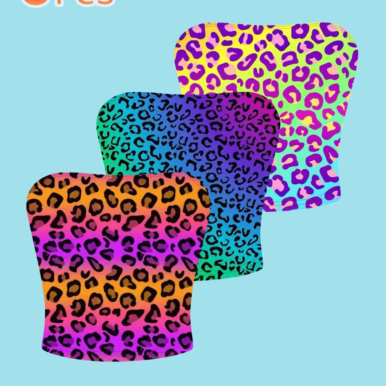 TEMU Conjunto de 3 piezas de top corto sin tirantes para mujer con tótem de estampado de leopardo iridiscente neón, estilo único y de moda