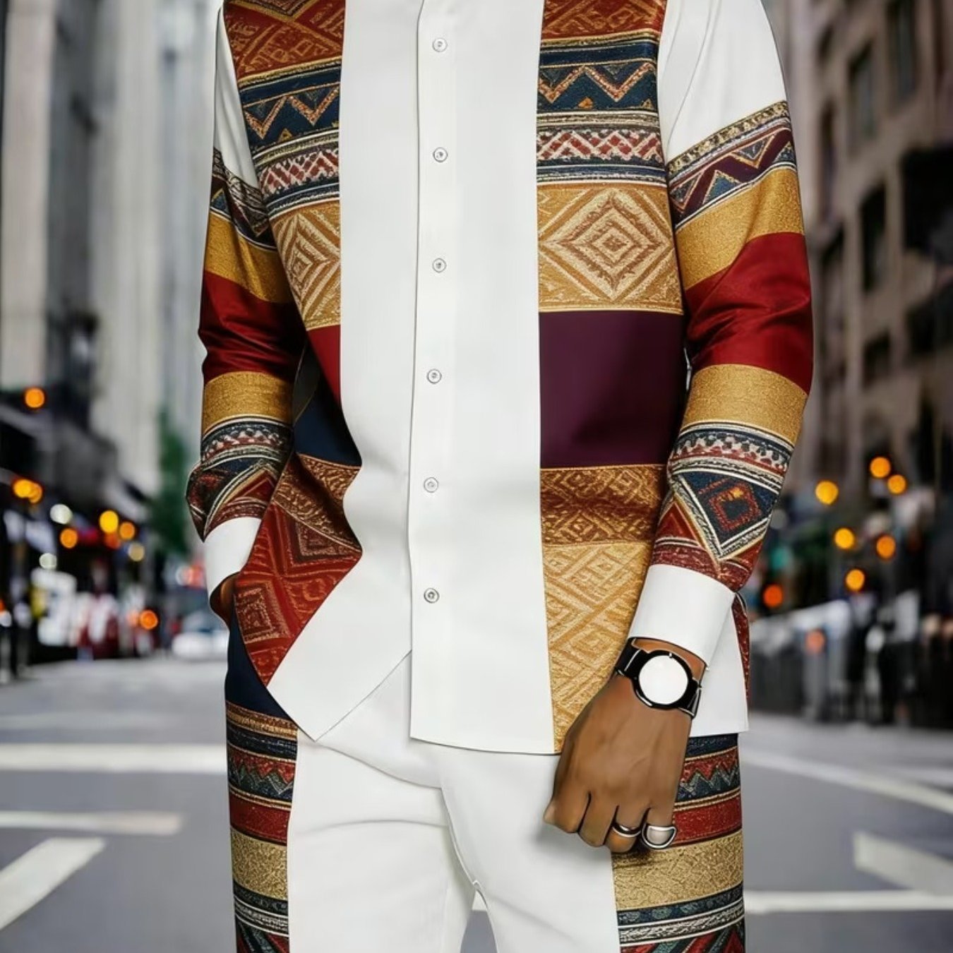 Long Sleeve Men's Style Trendy Ethnic Pattern Shirt And Pants Set With Geometric Diamond Tribal Stripes Red Golden Burgundy Color Men's Outfits For Adults Men Casual Wear Party Outfit, Plus Size