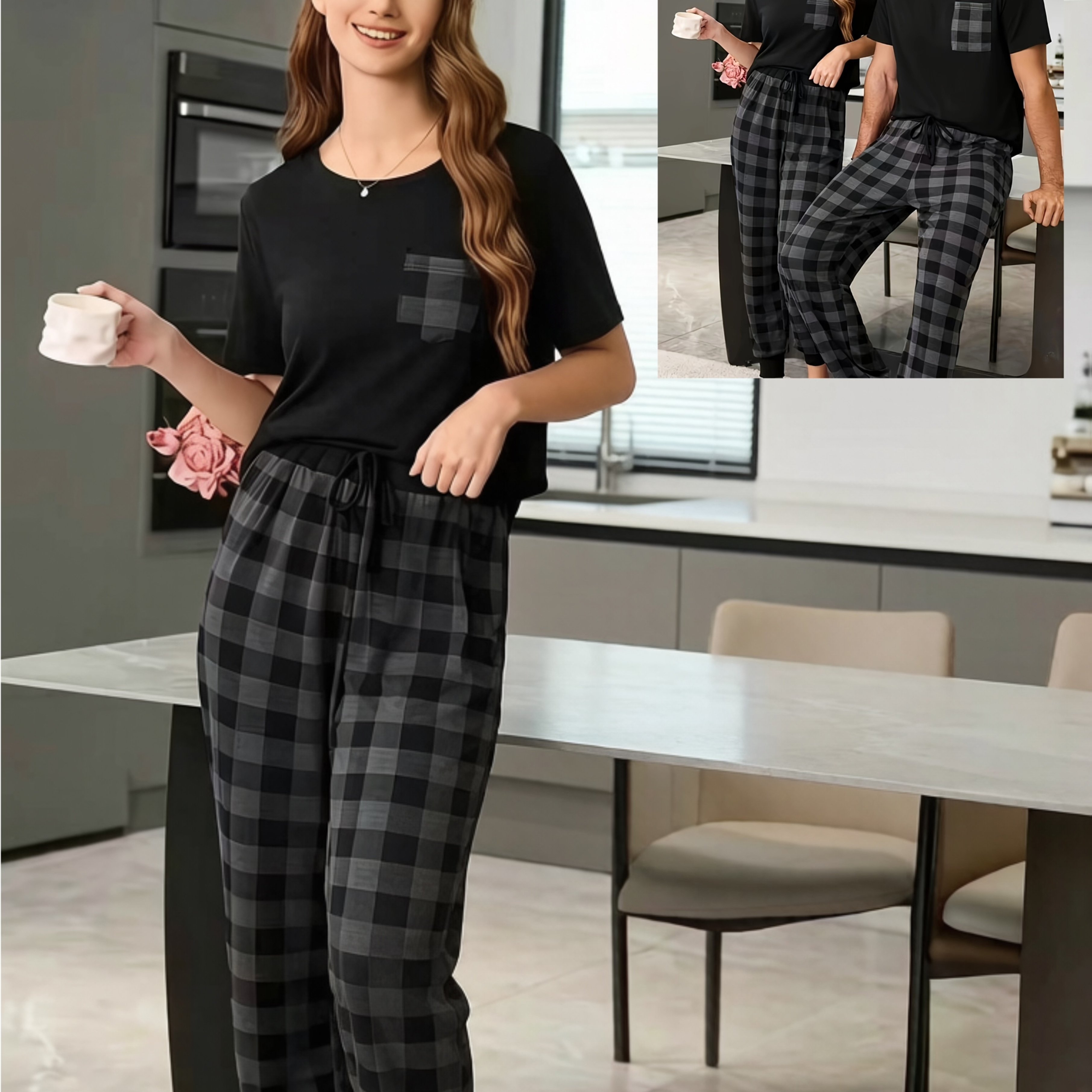 TEMU Conjunto de pijama para parejas con camiseta casual de manga corta y pantalón largo a cuadros. Los estilos para comprarse por separado. Conjunto