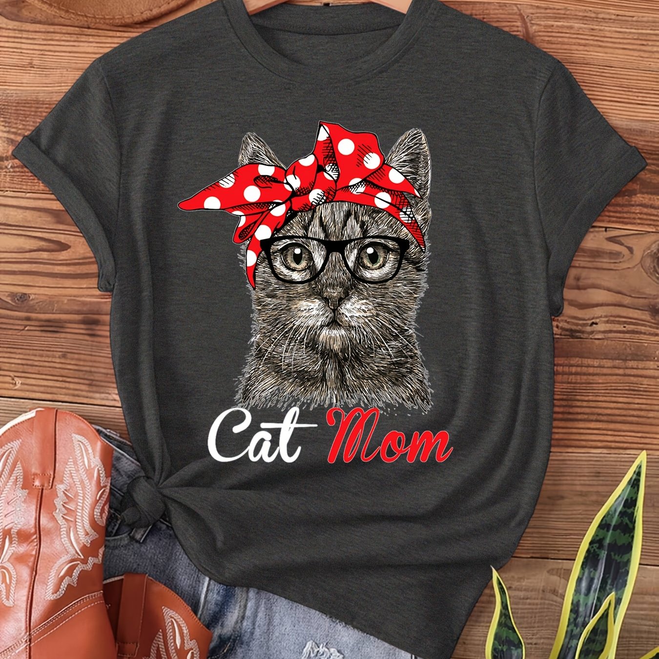 Funny Cat Mom Shirt For Cat Lovers-mothers Day Gift Print T-shirt, Short Sleeve Crew Neck Casual Top For Summer & Spring, Women's Clothing