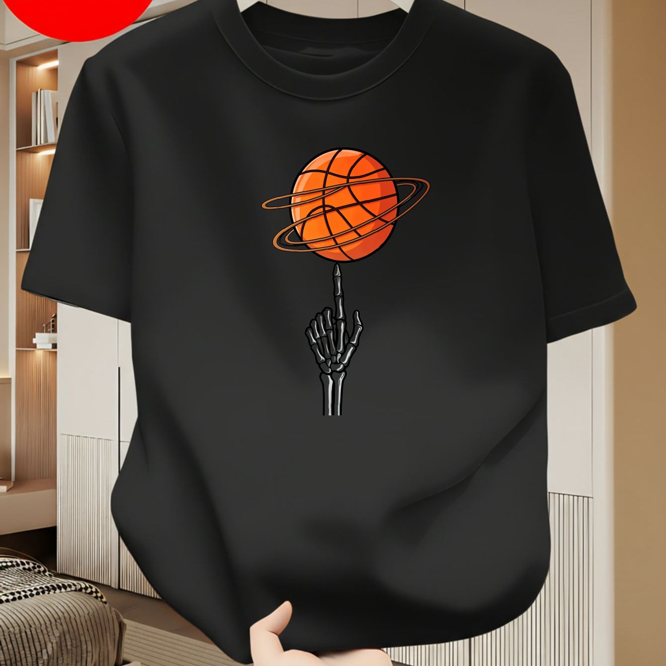 Image of Men Streetwear Skeleton Hand Spinning Basketball Planet T Shirt White Print Soft Cotton Comfortable Casual Daily Wear Mens Clothing