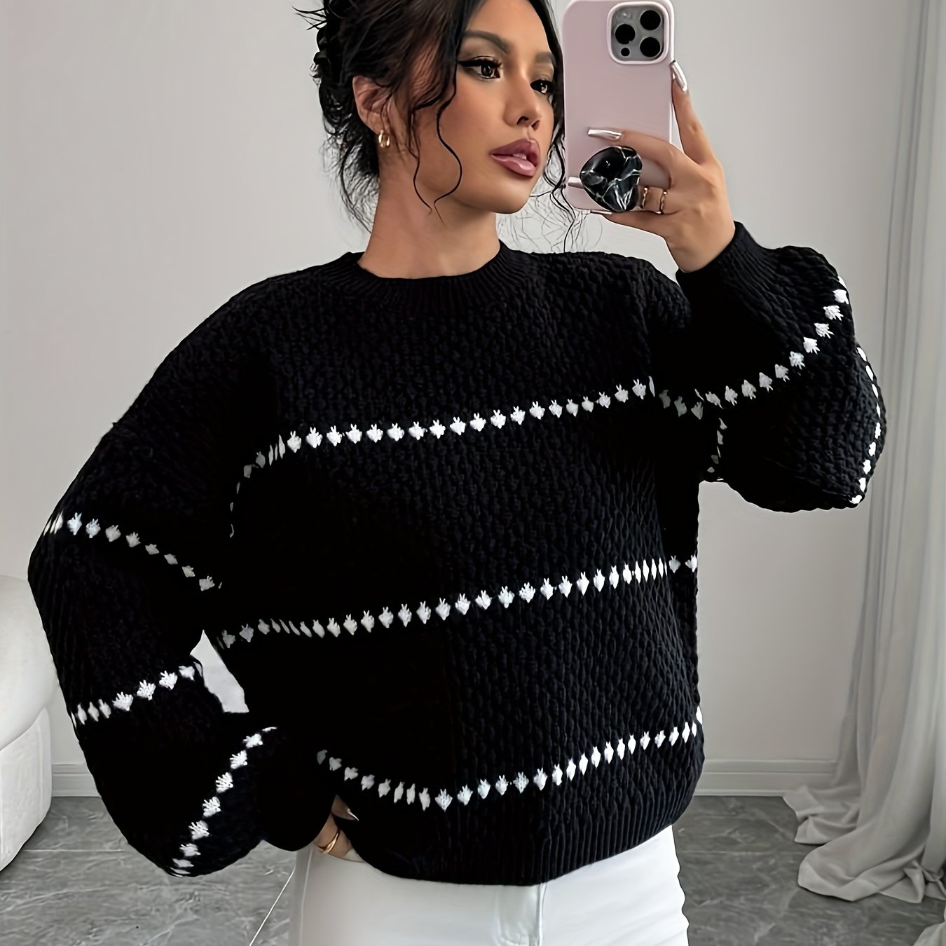 TEMU Pull-over décontracté à rayures, col rond, manches longues, taille plus pour femmes