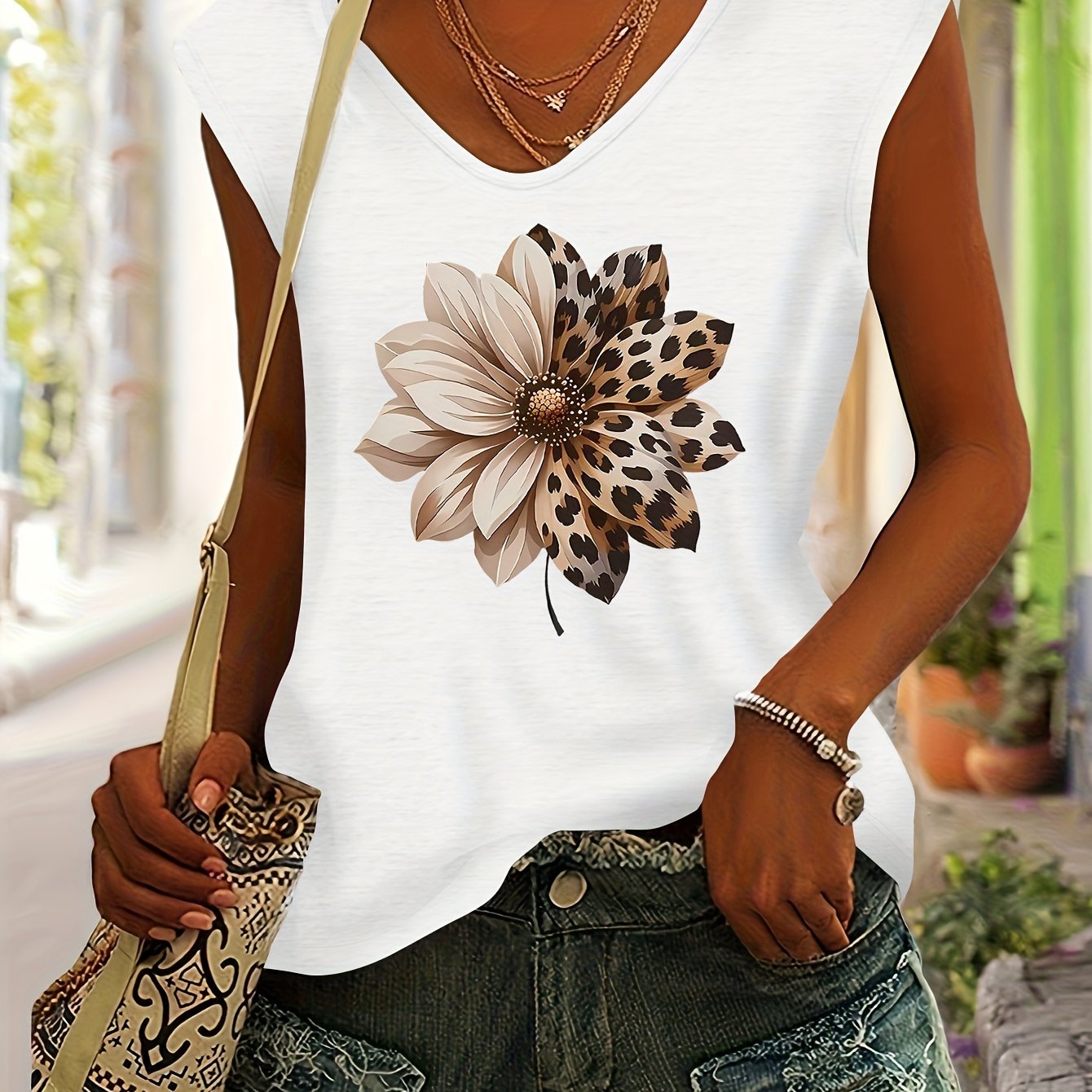 TEMU Leopard Floral Print Women's Lightweight Summer Top, Spring/summer Casual Versatile Fashion Casual V-neck Short Sleeve T-shirt