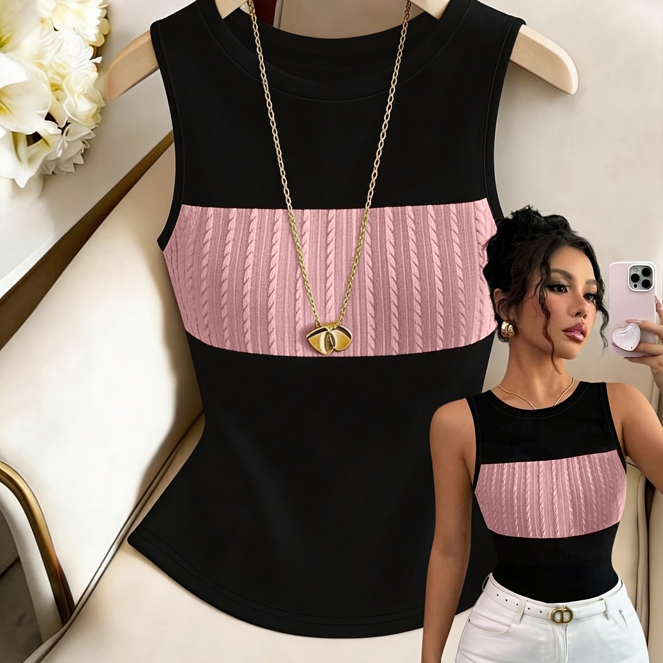 TEMU Chaleco casual elástico jacquard con y patchwork para mujer, sin adornos