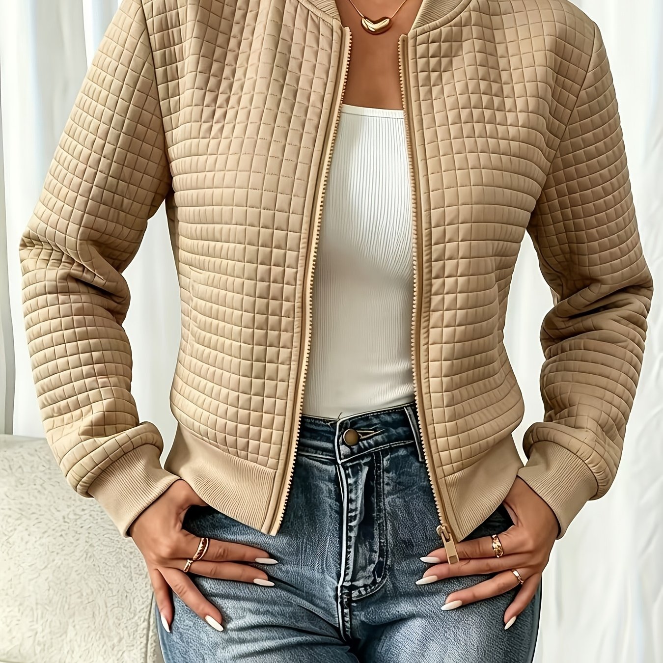 TEMU Veste à carreaux en relief "Easy Temperament", décontractée, polyvalente, ample, courte, à col montant, pour femmes