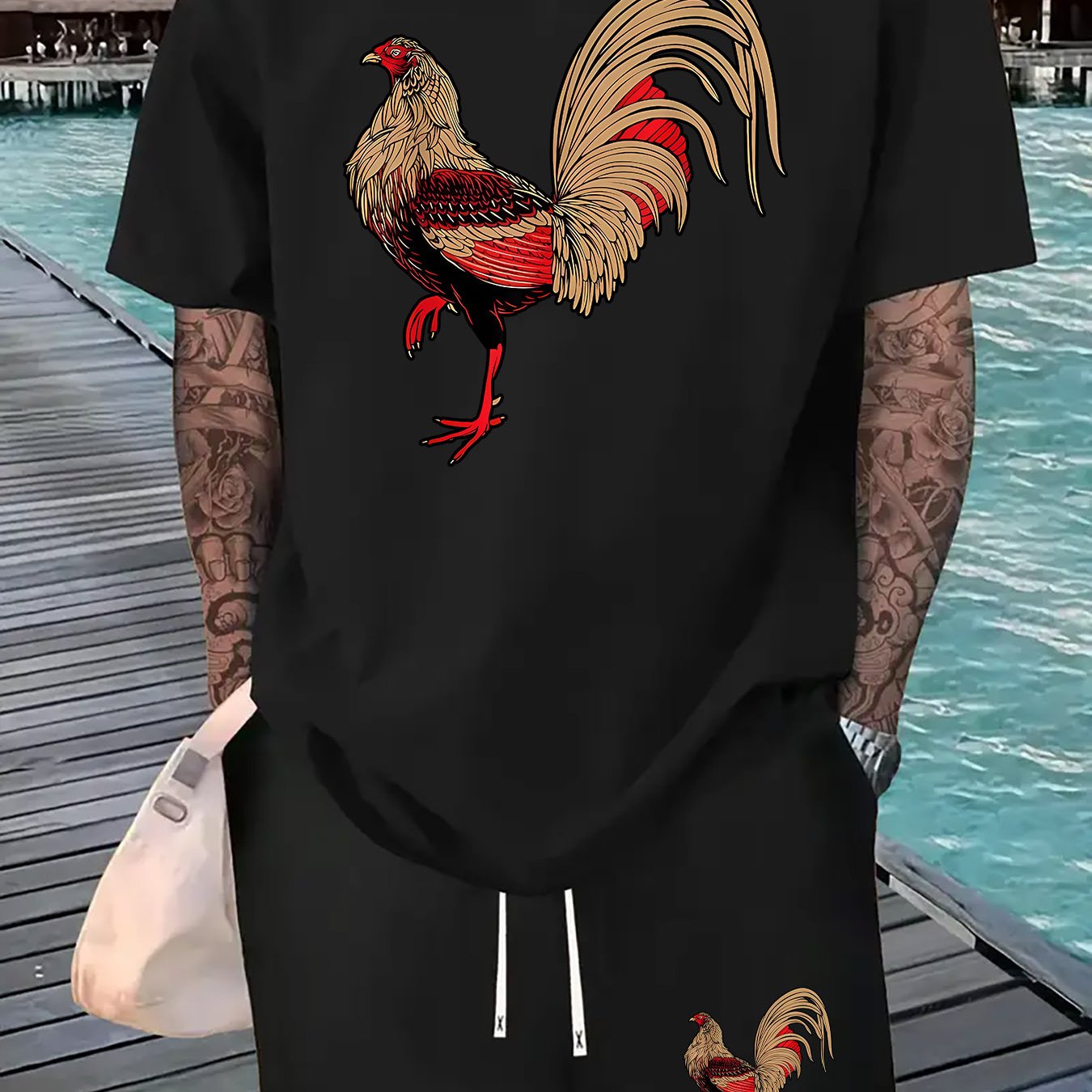 TEMU Conjunto Deportivo Casual de Camiseta con Estampado de y Pantalones Cortos con Cordón para Hombre, Adecuado para /Verano - 2 Piezas