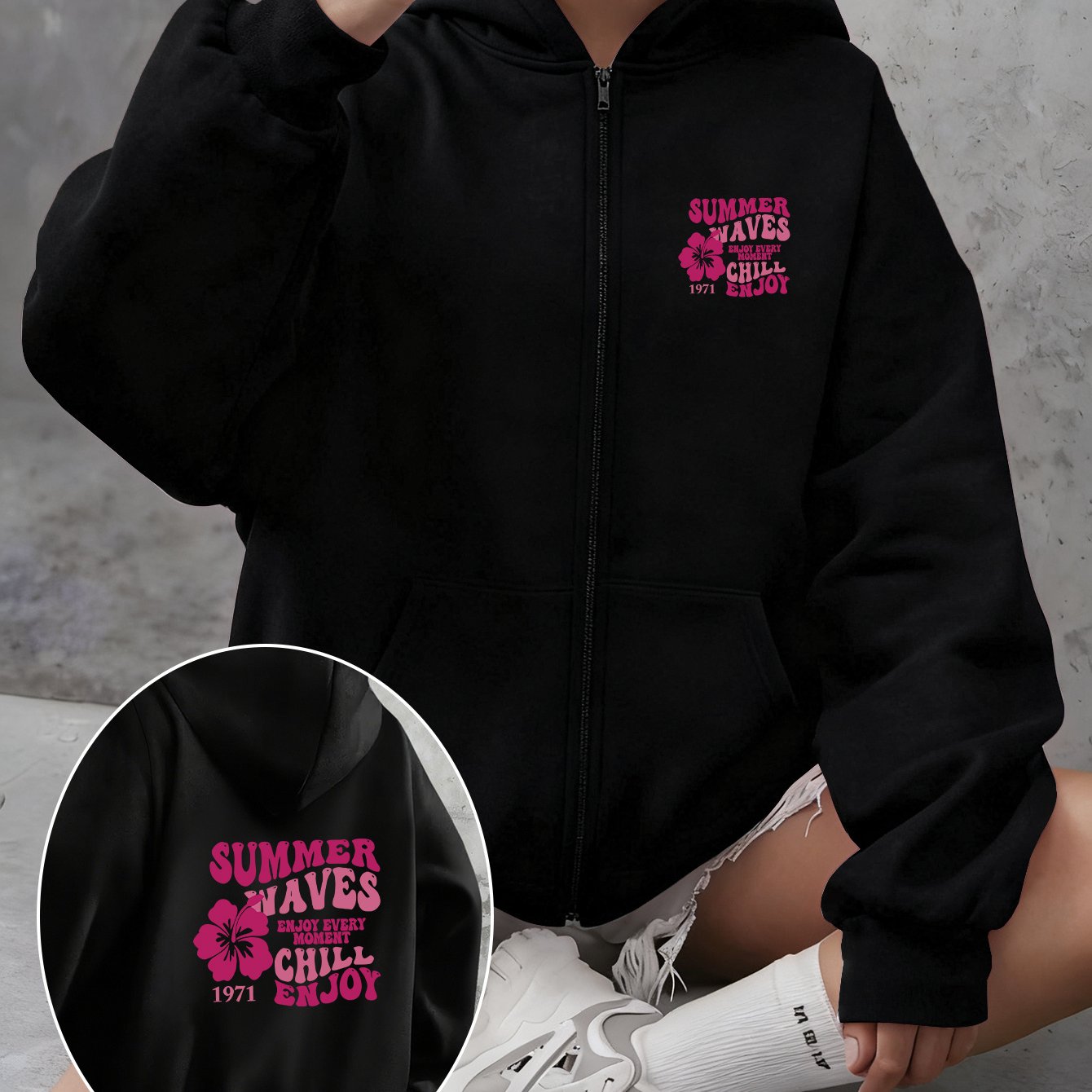Image of 1pc Women's Zippered Hoodie With Pink Floral Print And "" Text, Casual Wear, Machine Washable, Spring New Women's Fashion, Gift For