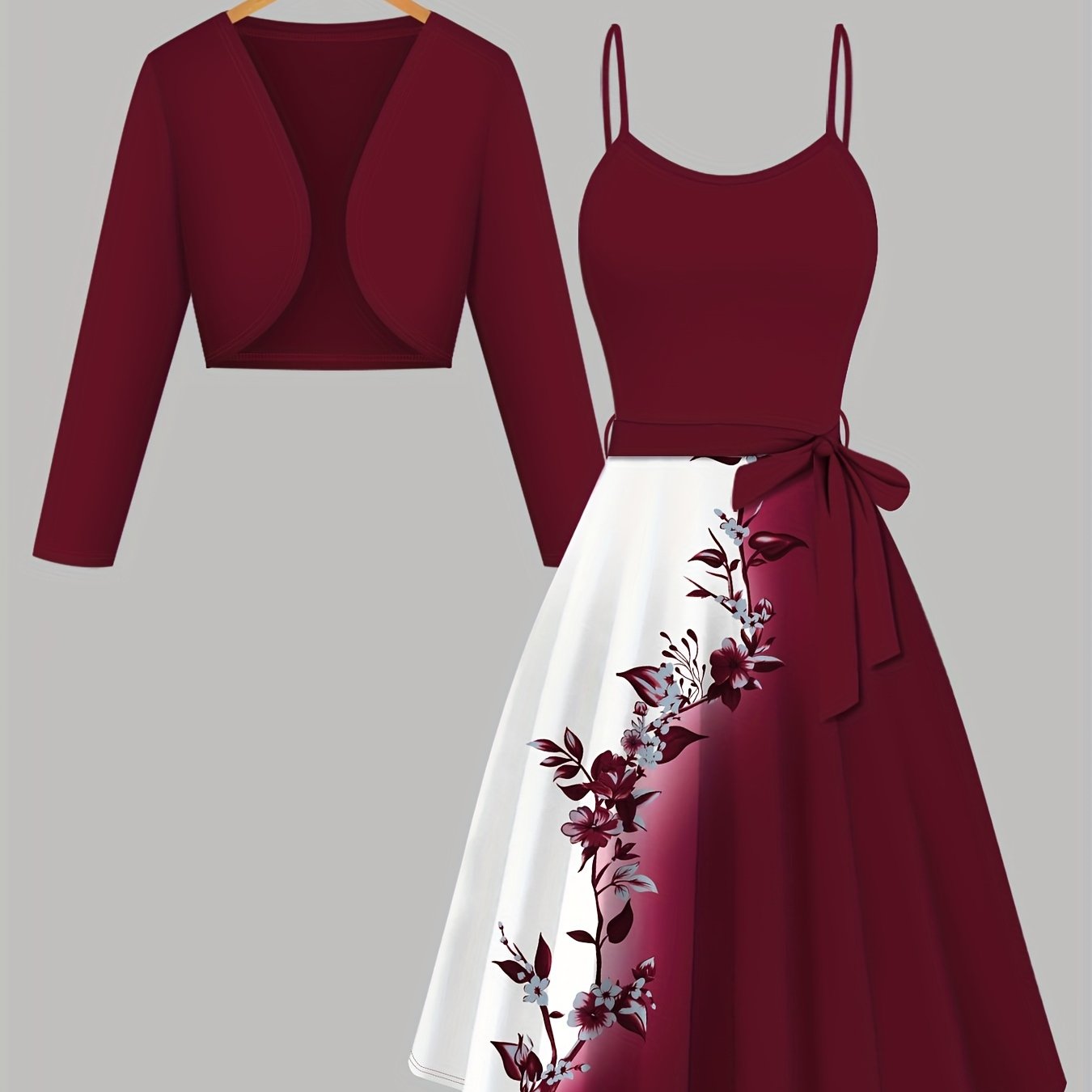 Image of Elegant Women's Dress Suit, Solid Color Long-sleeved Cardigan Top And Floral Print Dress Two-piece Set
