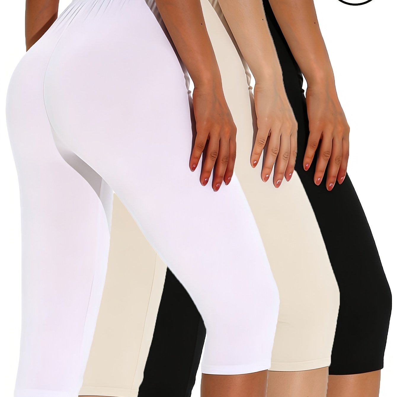 E-shop 3er Pack Mode Sport Einfarbige Damen Yoga Leggings Dreiviertel Hellbeige Kombination Hosen Cropped Hosen mit Elastischem Bund Weiche Slim Fit