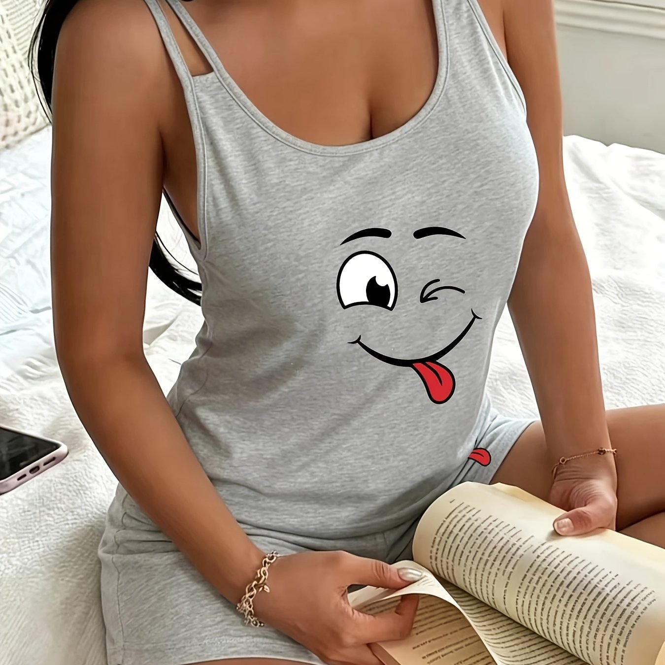 2pcs Women's Pajama Set With Strappy Top And Shorts, Cute Print, Comfortable Fabric Loungewear Set