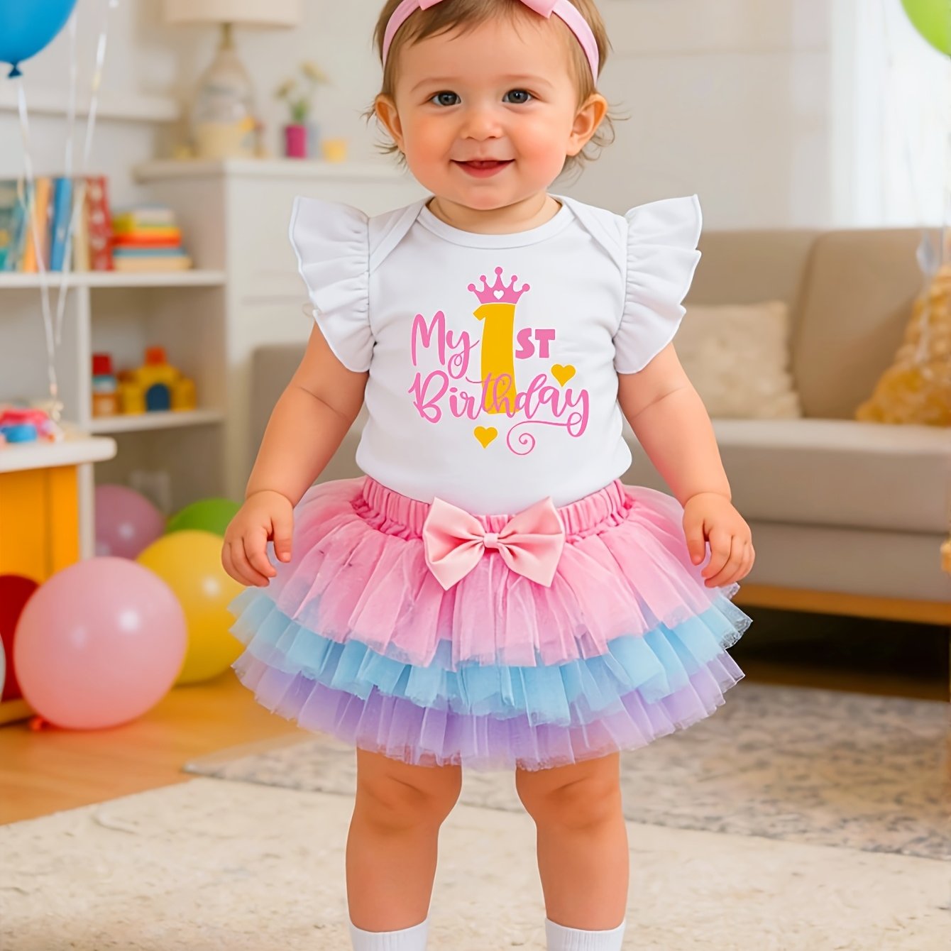 Image of Baby Girl Cartoon Crown Letter Flying Sleeve Bodysuit Colorful Skirt Hair Additions 3pcs Set Newborn -year-old Party Dress, For Outdoor