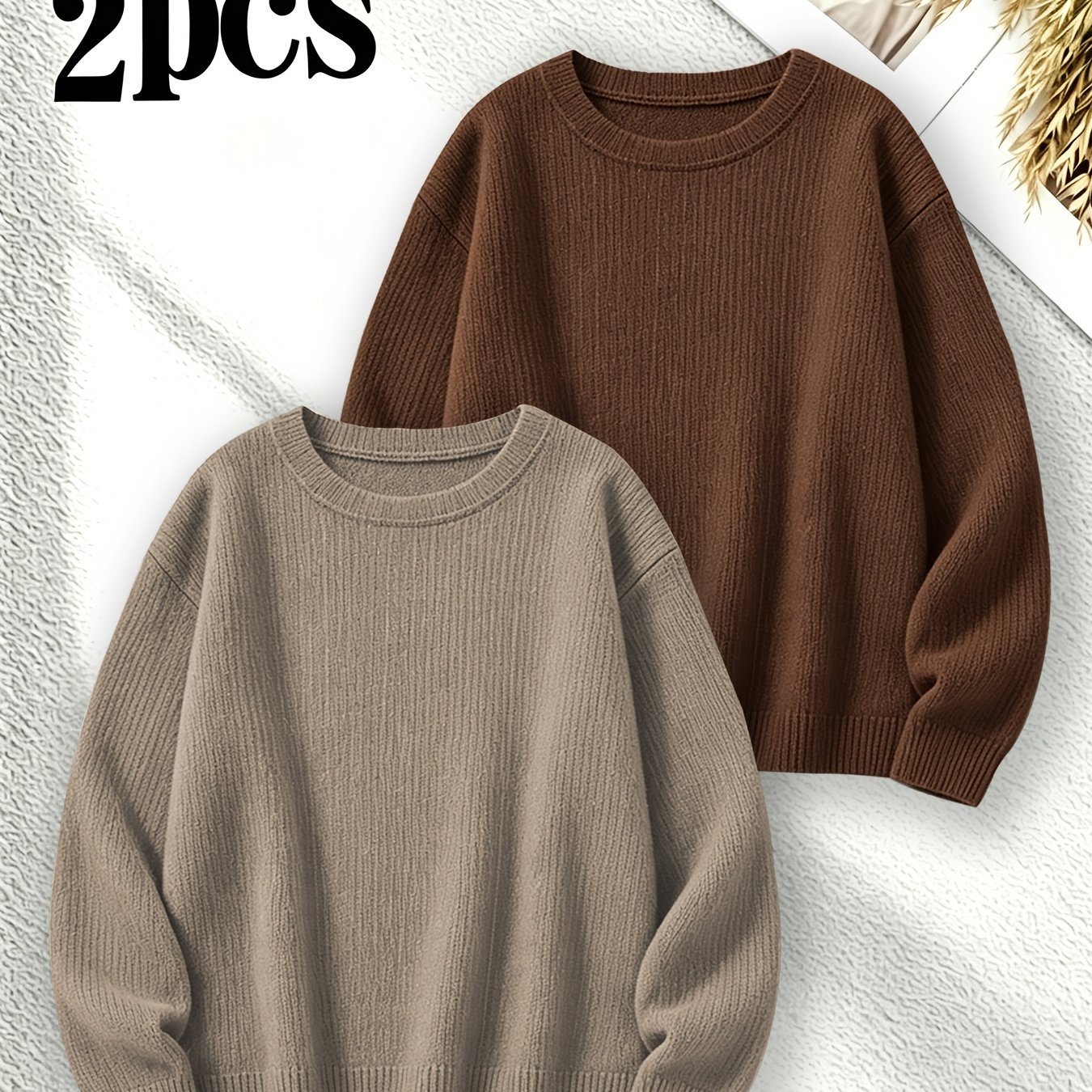 TEMU 2pcs Set Of Warm Tops, Round Neck Women's Knitwear For Autumn And Winter, Machine Washable, Trendy Fashion Pieces For Fall And Winter