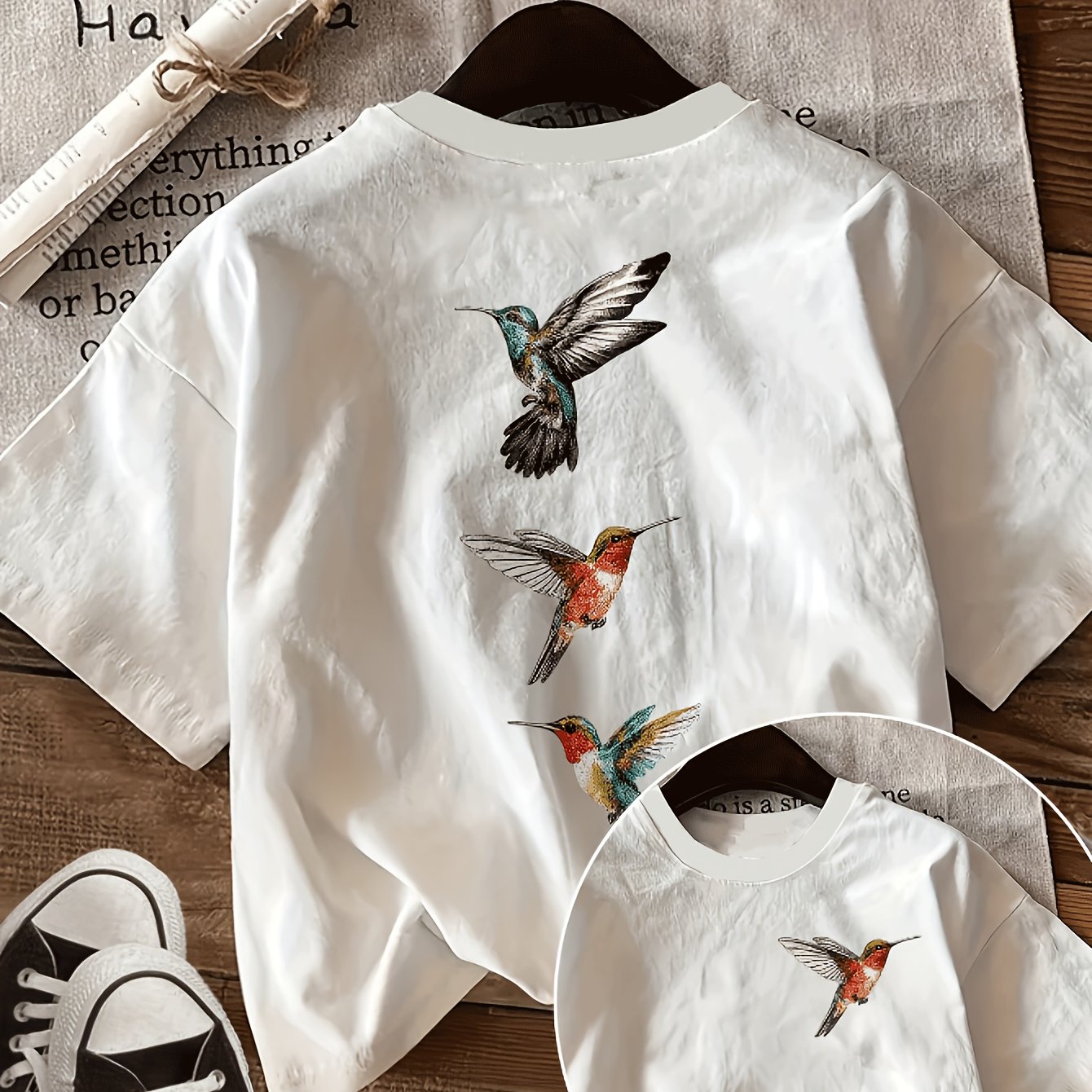 TEMU Doublesided Pattern Summer Printed Women's T-shirt â 3 Hummingbirds Printed For , Women's Clothing Easy, Comfortable, Loose, Round-neck T-shirt