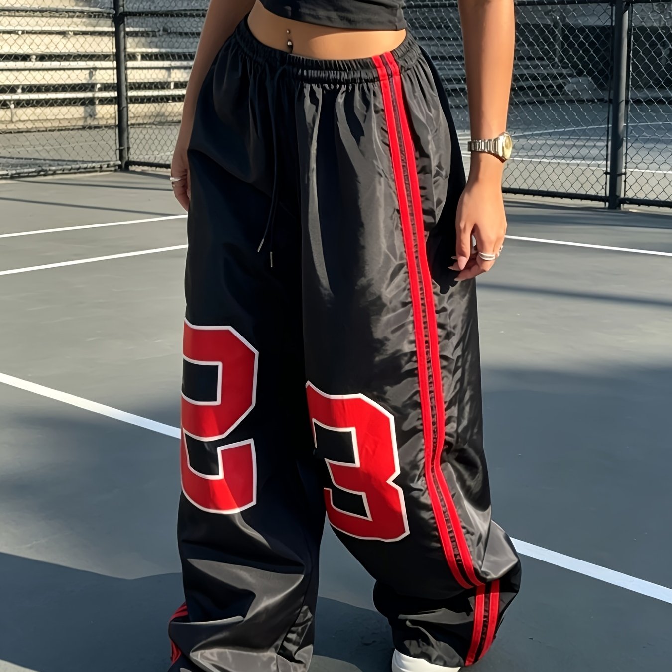 TEMU Women's Y2k No. 23 Wide-leg Pants, Glossy Drawstring High-waist Loose Floor-length Basketball Casual Trousers