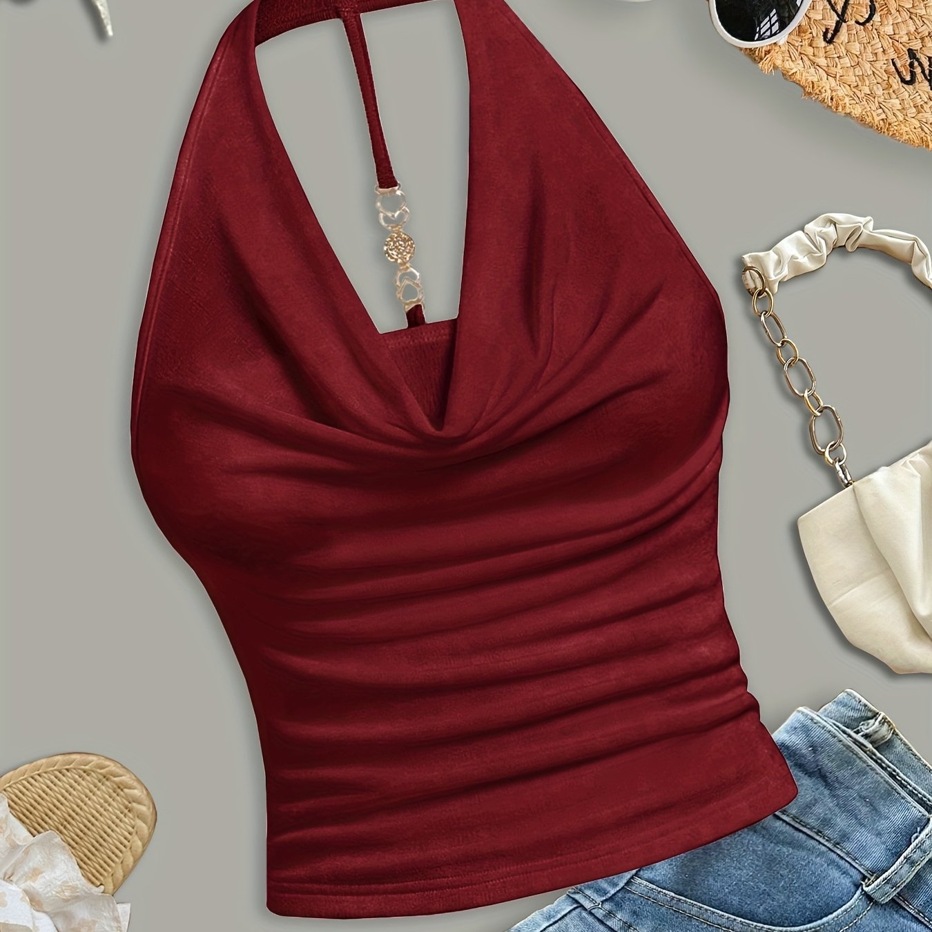 TEMU White Halter Neck Strapless Tank Top, Women' Color Sexy Sleeveless Outerwear Top