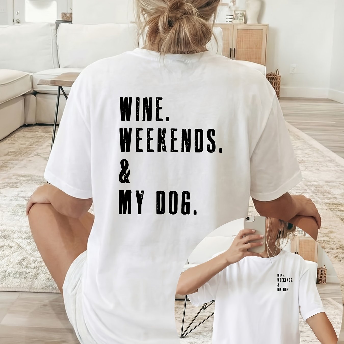 TEMU Women' Short Sleeve T-shirt With Back & Front Print "wine. . & My Dog." Text - Casual Round Neck Blouse Suitable For Spring Summer Outfits, Wine