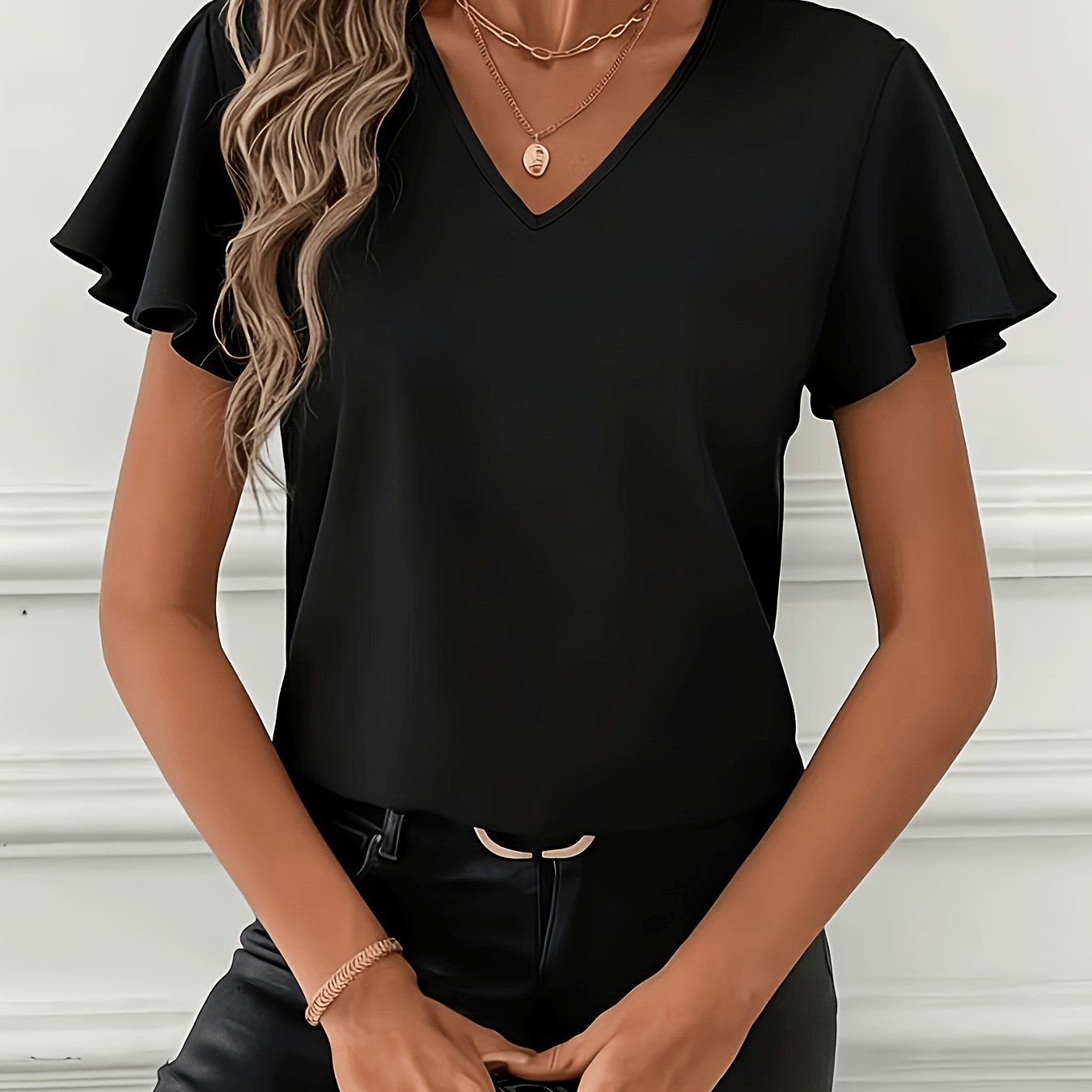 TEMU Women's Elegant Solid Color Flared Sleeve Blouse - Beautiful V-neck Short Sleeve Shirt, Easy Short Sleeve Top, Versatile Design, Suitable For