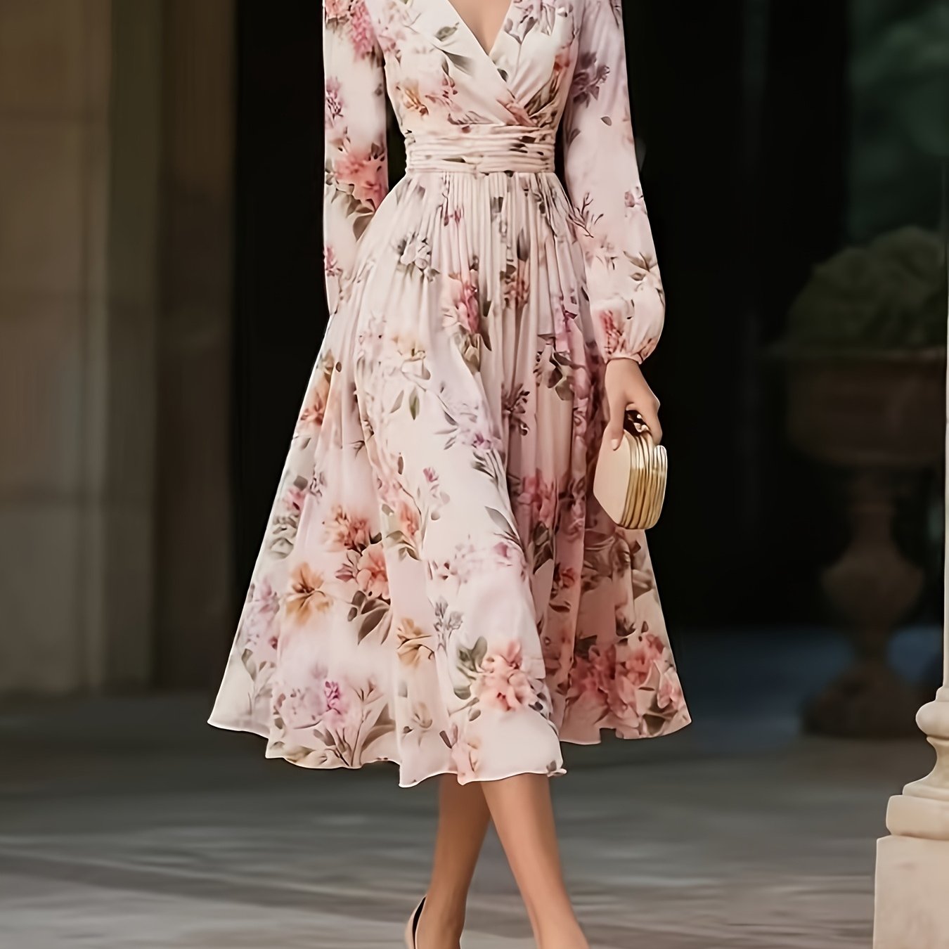 E-shop Elegantes Damen-A-Linien-Kleid mit V-Ausschnitt, gerafftem Saum vertikalen Falten. Geeignet für Frühling Herbst. Maschinenwaschbar. Ideal für