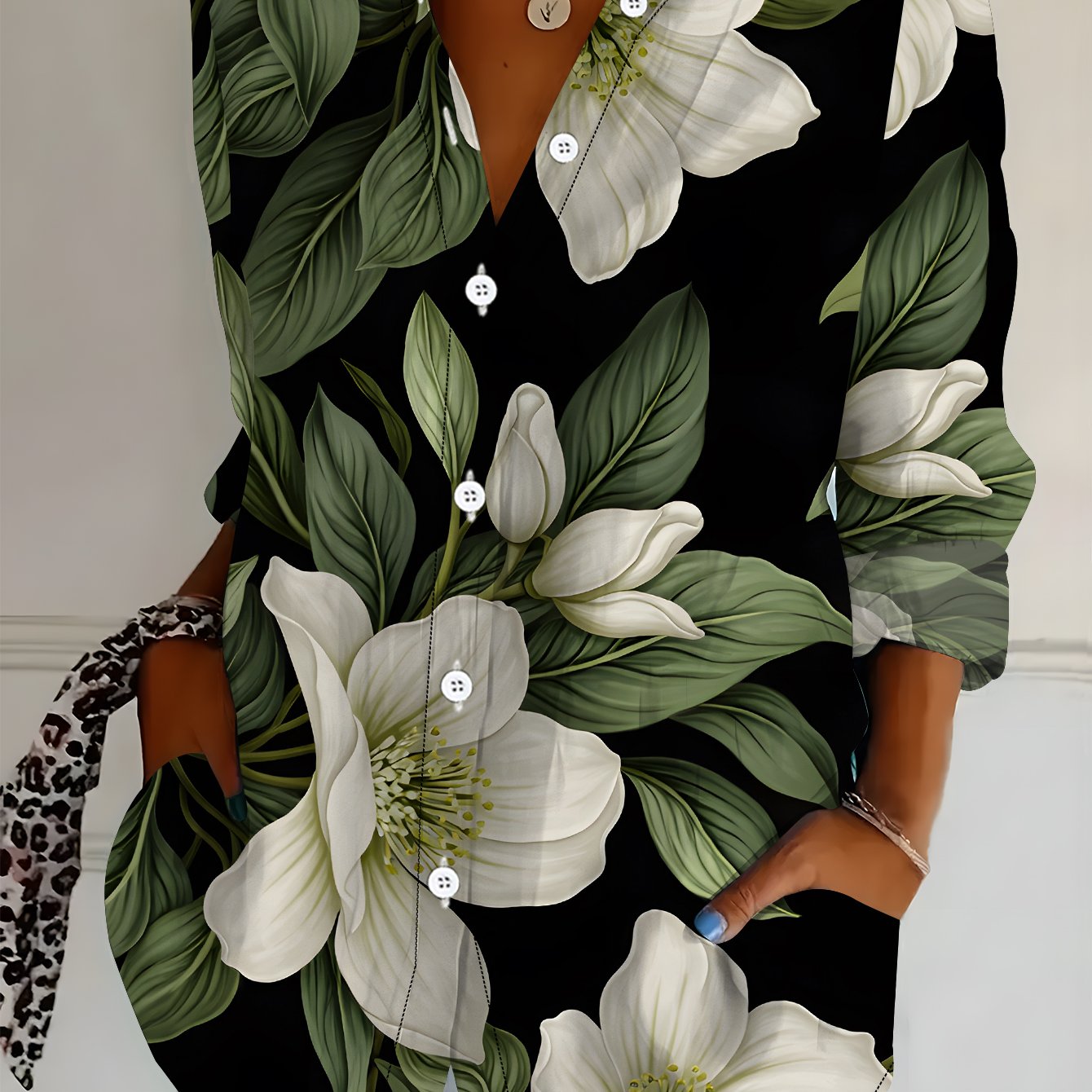 TEMU Plus Size, Plus Size Women's Long Sleeve Shirt, Floral Print Loose Fit Printed Blouse, Green Leaves And White Flowers Print, Mid-length Women's