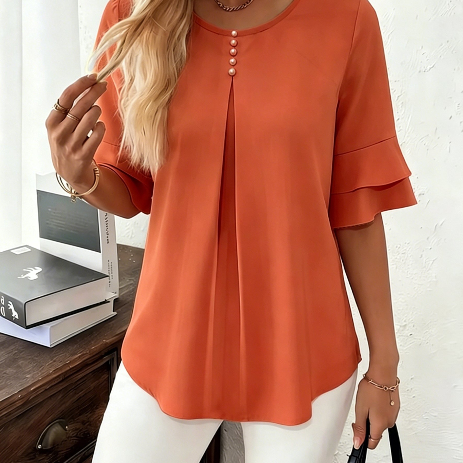 Elegant Flared Sleeve Shirt, Summer Loose Solid Round Neck Top