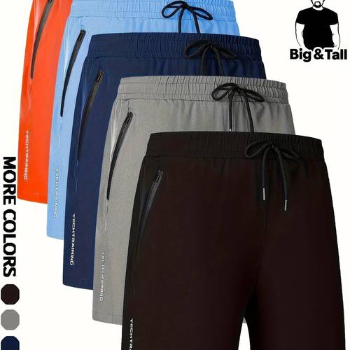 5pcs plus size mens athletic shorts quick dry breathable stretch fabric with zipper pockets letter print multi use for running gym biking hiking machine washable workout shorts gym essential stylish sportswear elastic waistband biking shorts sporty design durable sportswear training shorts fitness enthusiasts plus size