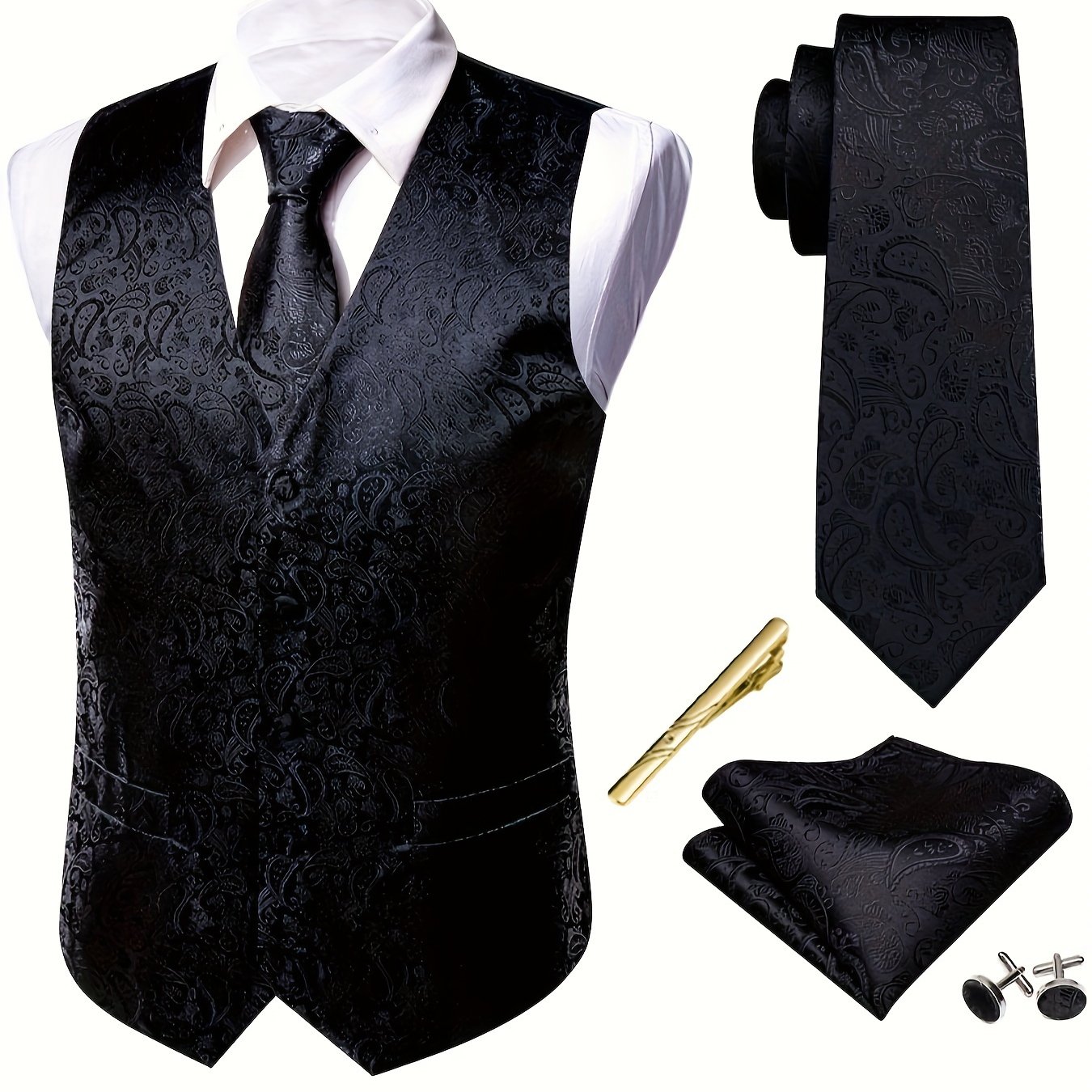 Men's Floral Jacquard Waistcoat And Tie Set, 5pcs For Formal Or Wedding Attire, Plus Size