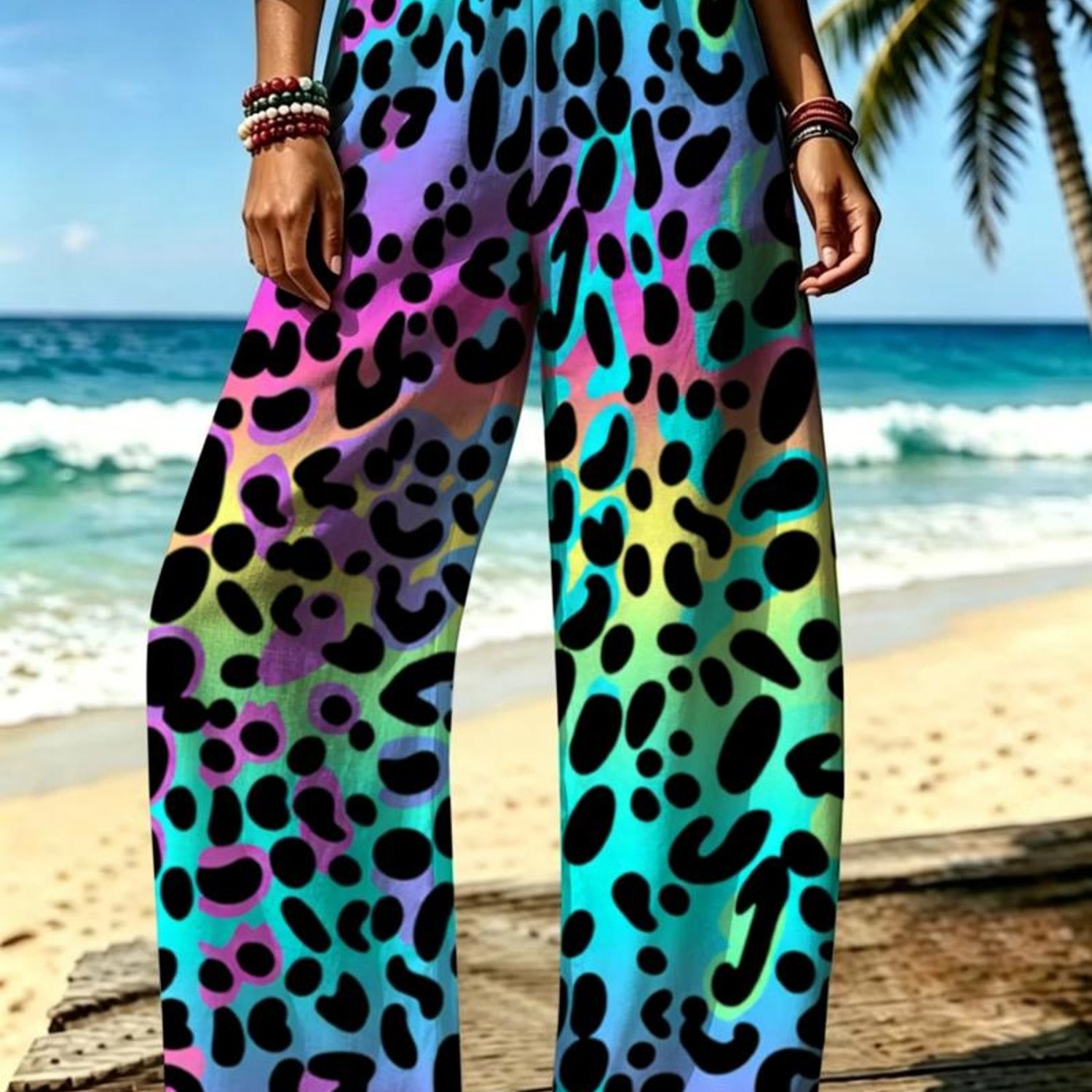TEMU Women's Fashion Leopard Print Trousers, Mixed Colors, Multiple Sizes , Fabric, Dynamic And , Suitable For Daily Wear, Casual , , Artistic Style