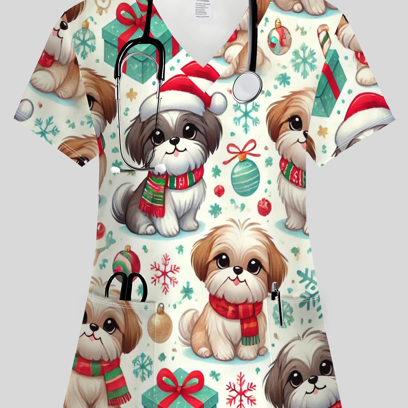 TEMU Plus Size, Holiday Gift Christmas V-neck T-shirt With Vivid Print Design, Pocket, Comfortable And Stretchy Fabric, Short Sleeve Workwear For