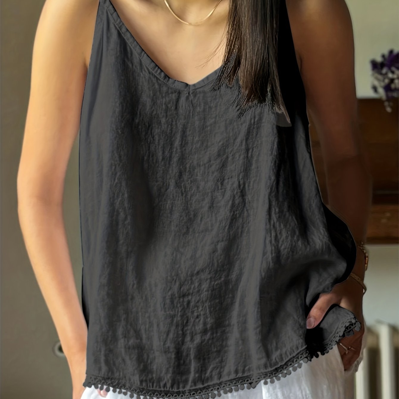 Loose Solid Color Adjustable Strap Top