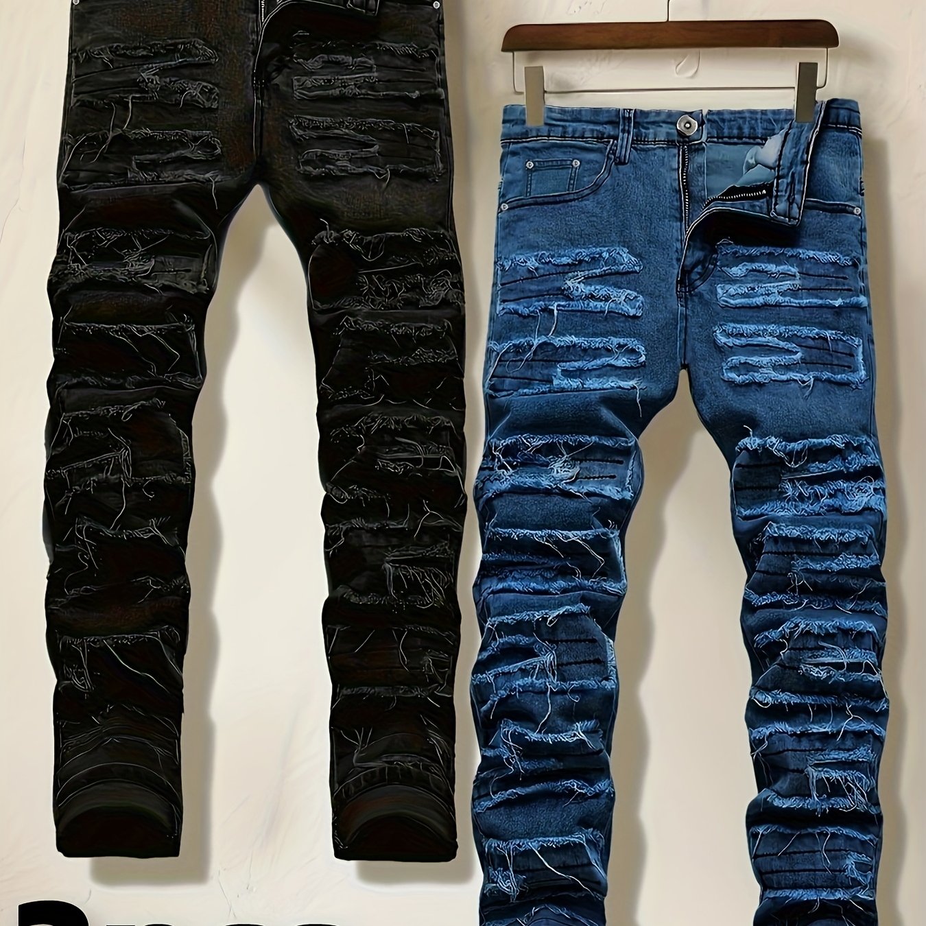 TEMU 2-pc Men's Slim Fit Straight Leg Jeans - Y2k Retro Distressed Frayed Hem & Classic Styles, Trendy Versatile Streetwear Denim Pants For Casual