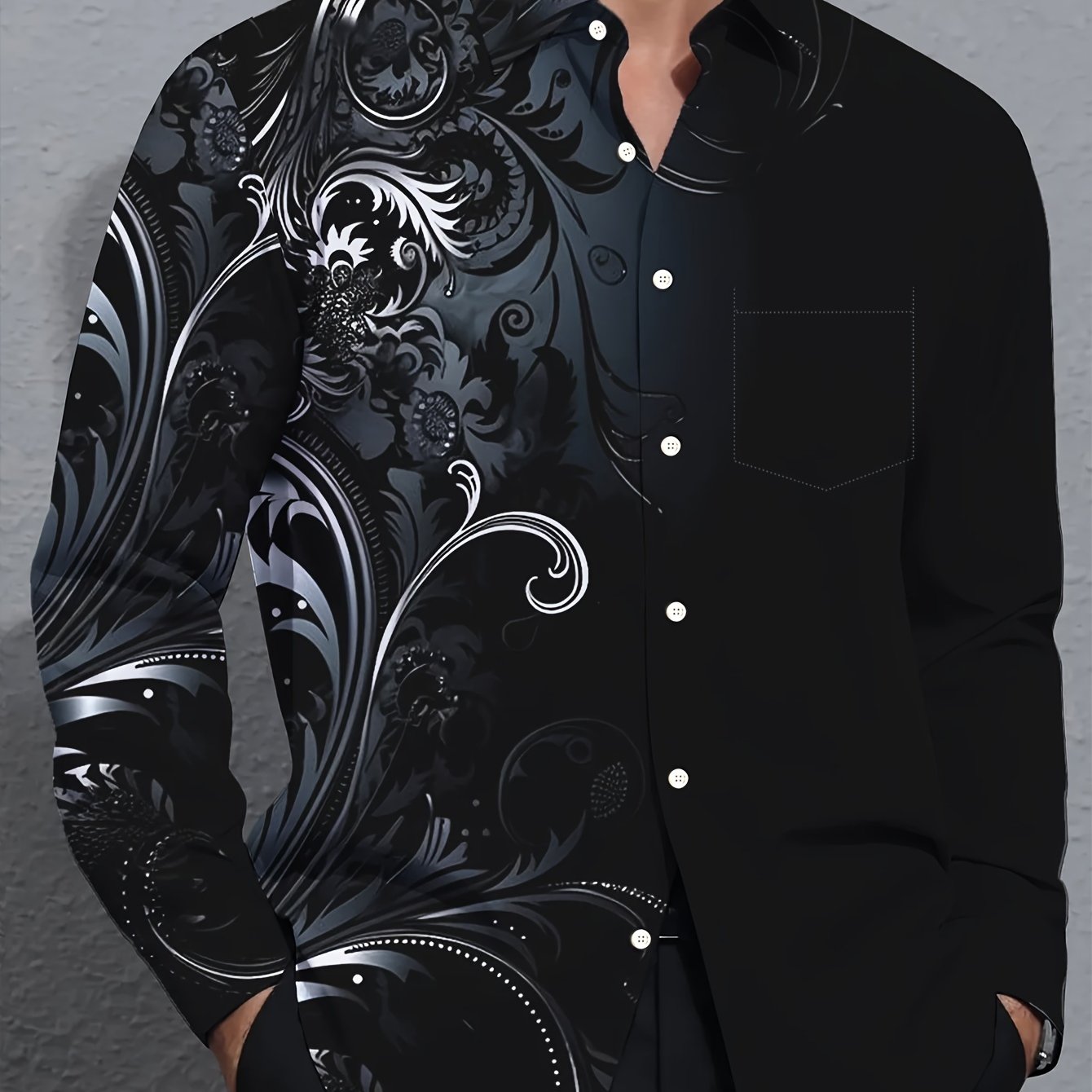 Vintage Floral Gradient Artistic Print Men's Plus Size Button-pocket Long Sleeve Shirt