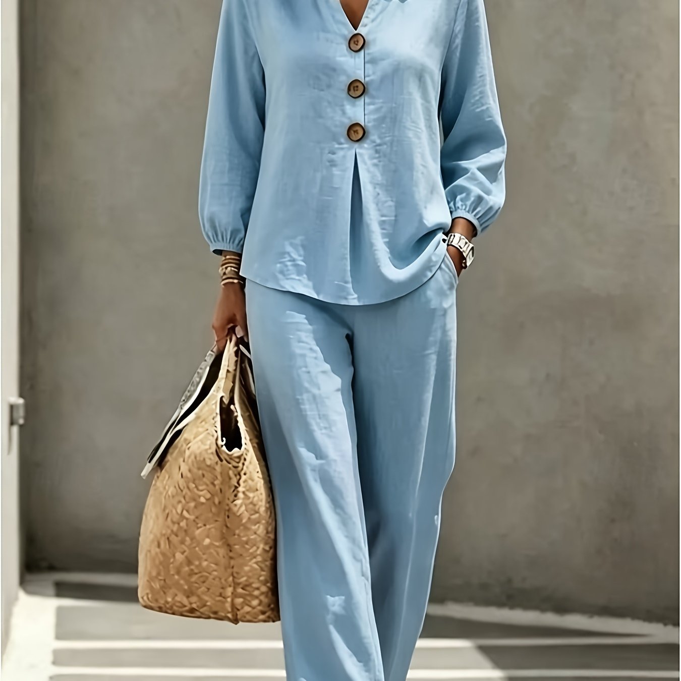 TEMU Women's Elegant 2pcs Stretch Waist Half-sleeve Pants Set: Solid Color Top With Wide-leg Pants, V-neck Shirt-style Top, Fashionable Fit