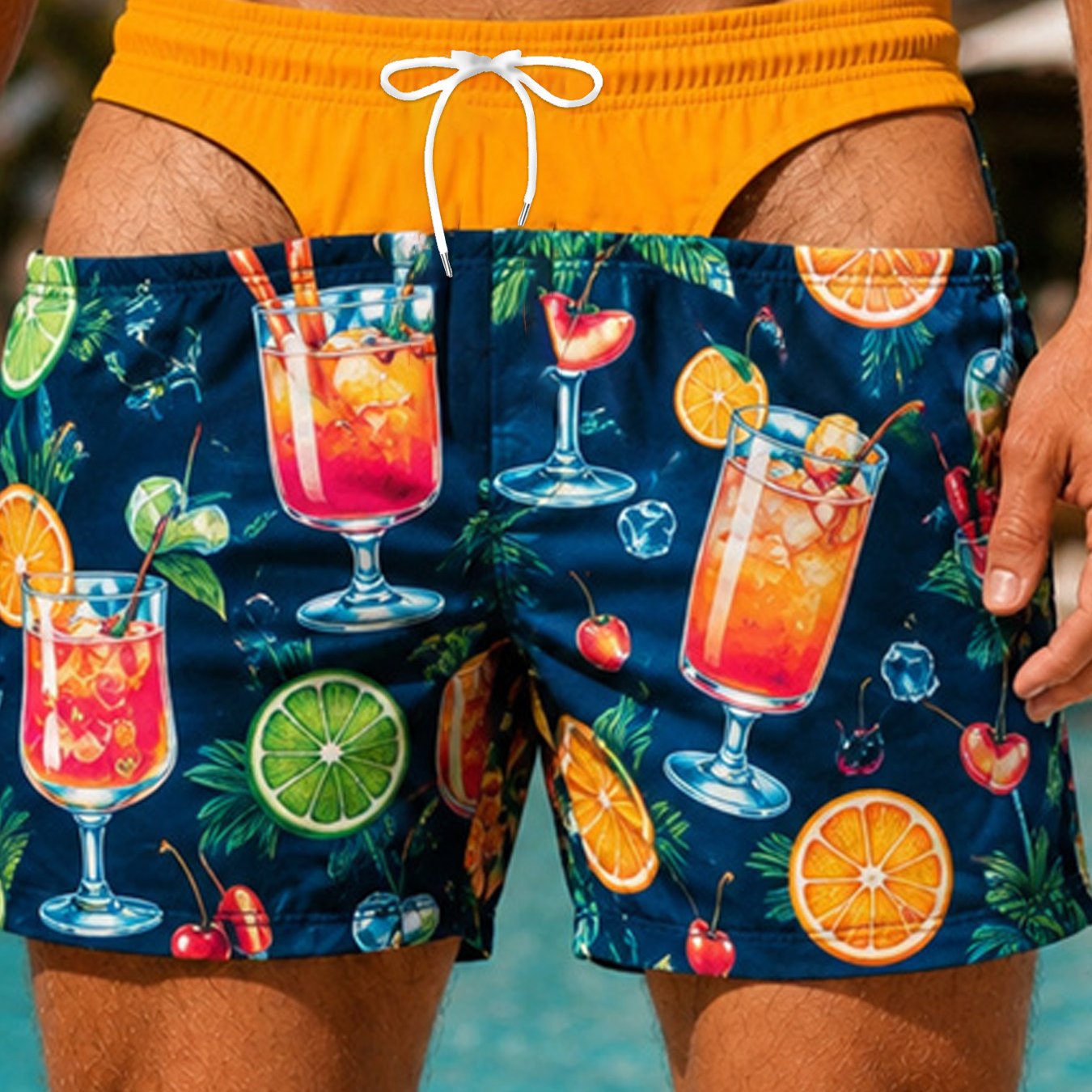 TEMU [print Design - Not Textured] Fresh Fruit Print Drawstring Loose Men's Beach Shorts, Seaside Vacation Casual Trendy Clothing
