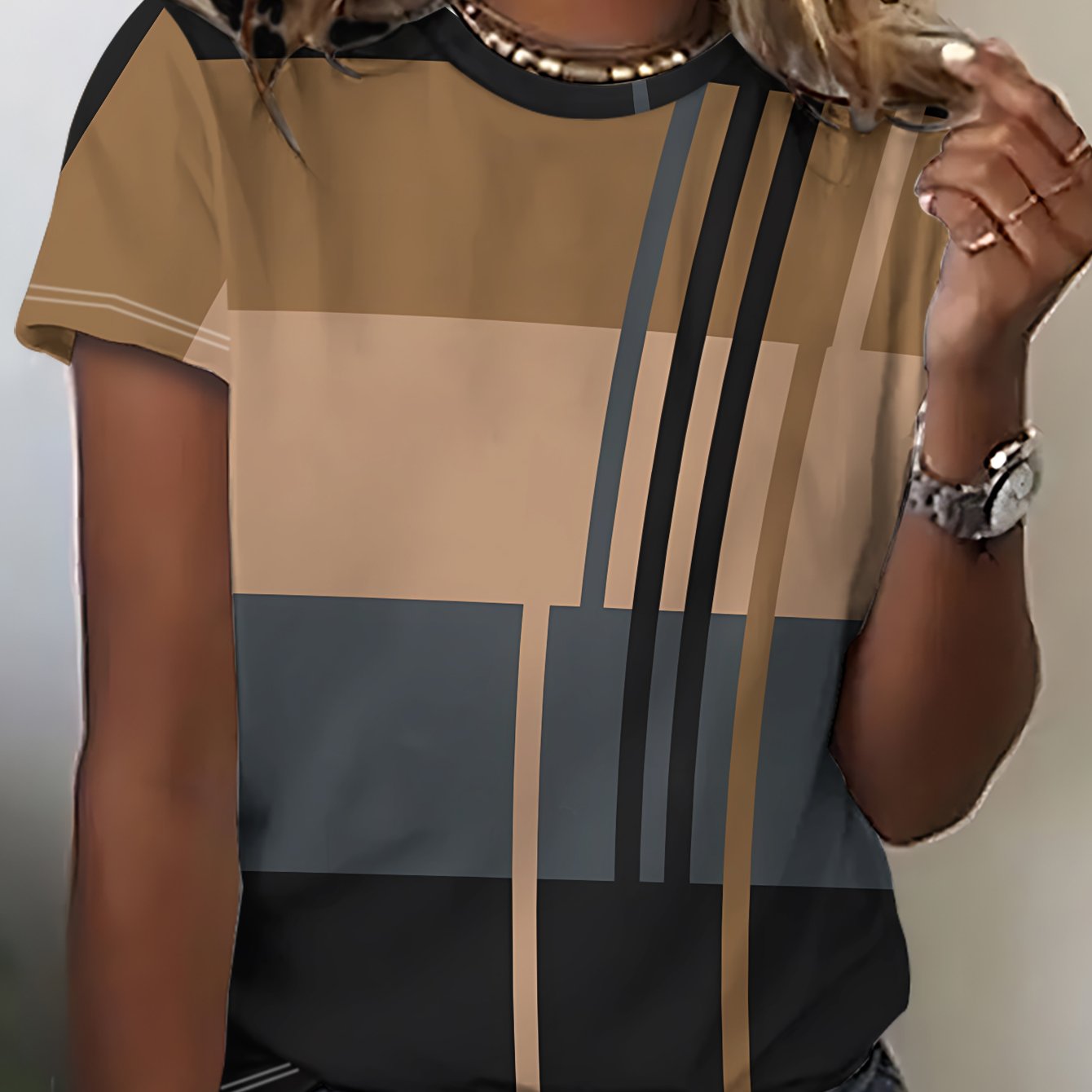 TEMU Summer Women's Round Neck Short Sleeve T-shirt With Geometric Stripe Print, Casual Vacation - Polyester Fabric, Machine Washable