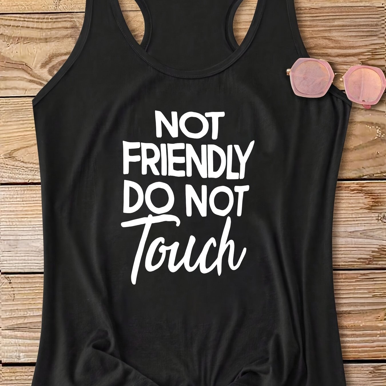 TEMU Women's "not Friendly " Letter Print Sleeveless Tank Top - Round Neck Casual Blouse Shirt, Non- Spring Summer Suitable For Warm Weather, Machine