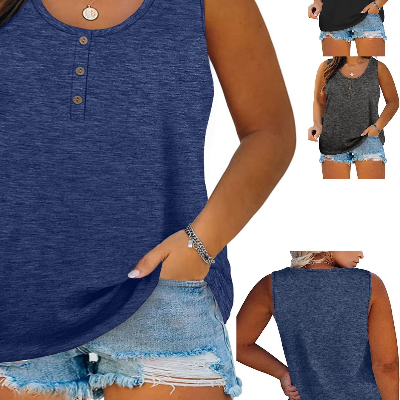 Plus Size, Womens Plus Size Tank Tops Summer Sleeveless Henley T-shirts Tops Casual Button Tunics Shirts