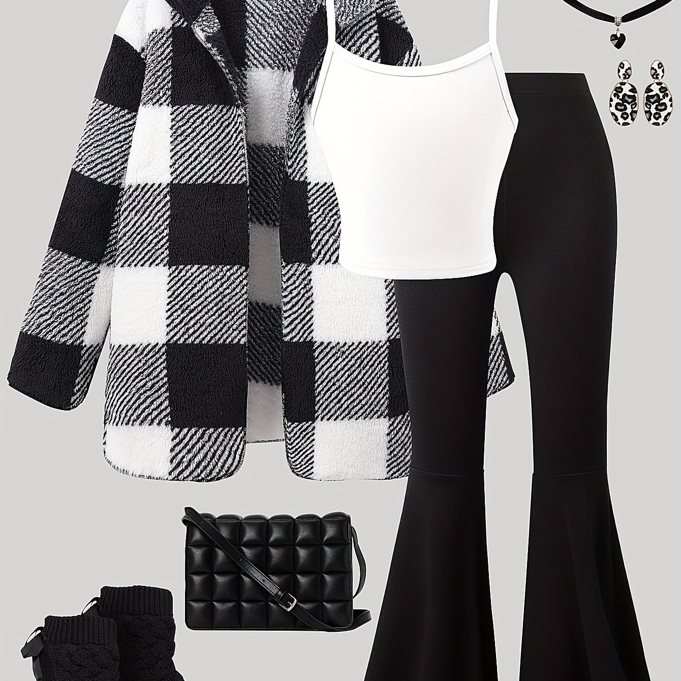 Girls' Casual Fashion Plush Jacket & Camisole & Flared Pants Three-piece Set For Fall/winter