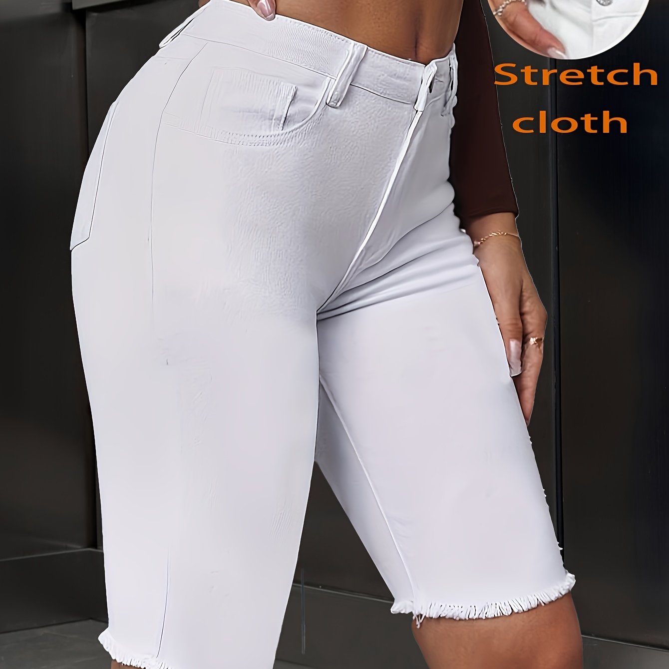 Image of Fashionable And Versatile High-waisted White Stretchy Capri Pants For Women With Edges Denim Shorts