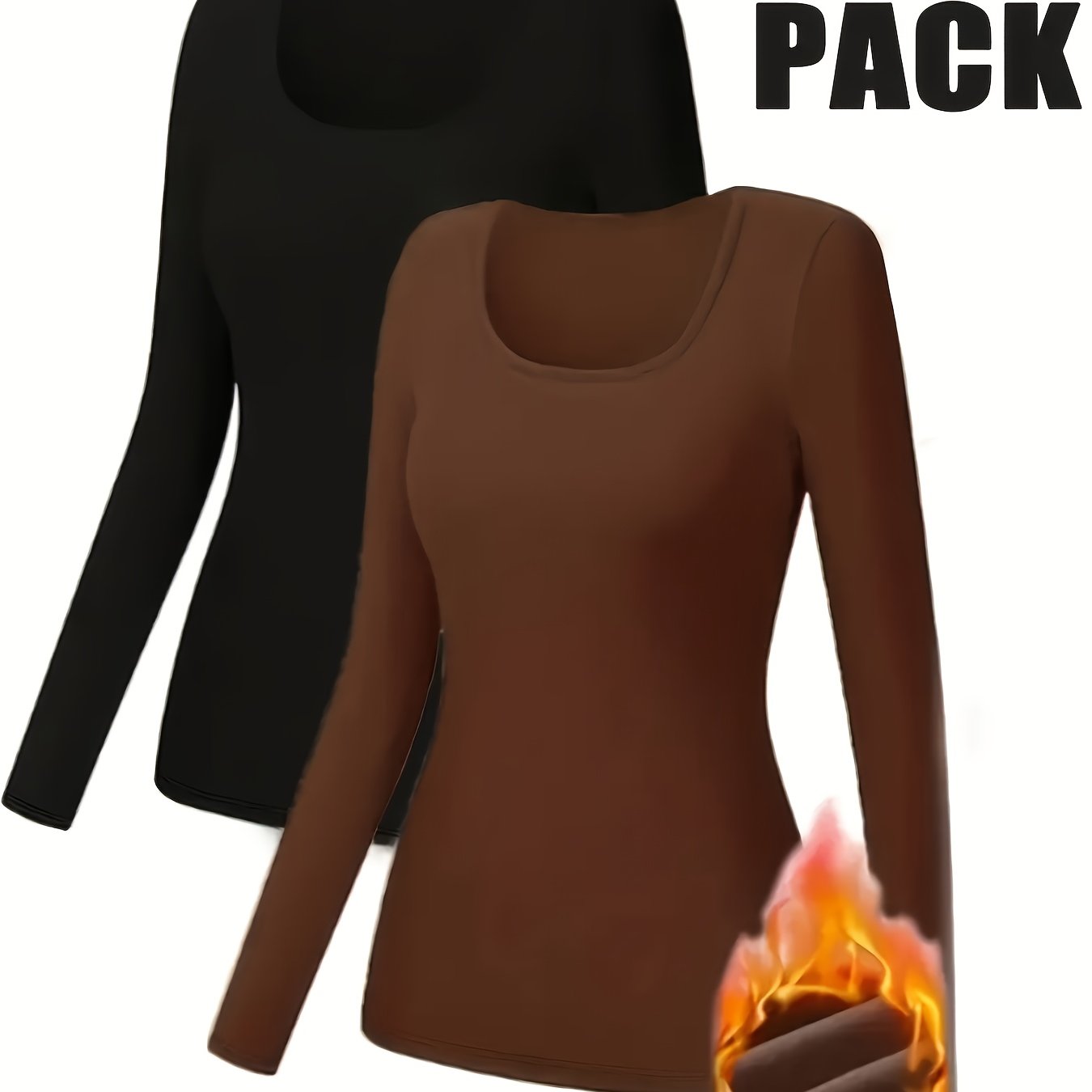 TEMU Plus Size, 2pcs Women's Plus Size Thermal Long Sleeve Blouses - Base Layer & Layering Shirts, High-elasticity Solid Color Round Neck Tops,
