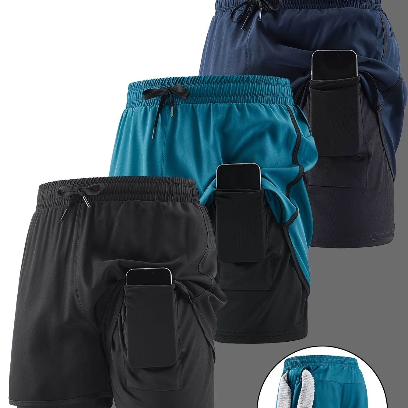 TEMU 3pcs Men's Casual Solid Print 2-in-1 Quick-dry Training Sports Shorts With Pockets And Drawstring, Suitable For Summer Training And Daily Wear