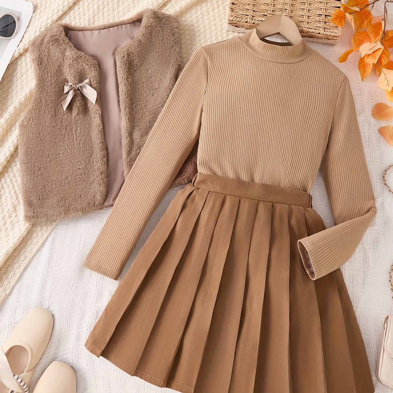 Image of Girls' Fashionable Autumn/winter Reaction Set, Stylish -lined Vest Vest Jacket With Half-high Neck Long-sleeve Base Layer And Pleated Half-skirt 3pcs Set, Daily Outdoor Late Autumn Fuzzy Vest Set